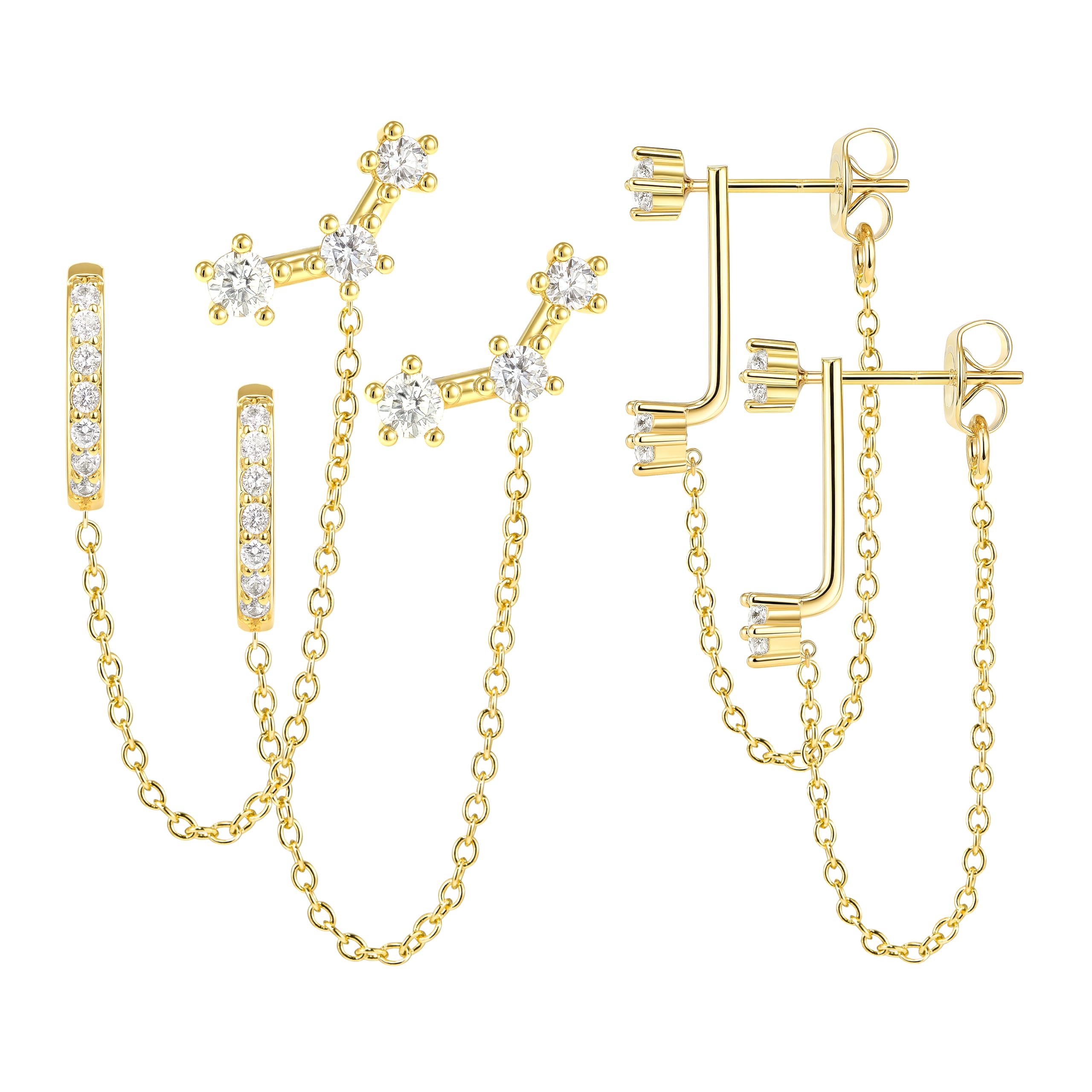 3 Pairs Dainty Small Earrings Set for Women Trendy, Birthstone Stud Huggie Hoop Jacket Stack for Cartilage Helix, Gold Plated Hypoallergenic Cute Women Fashion Accessories Western Jewelry Gifts