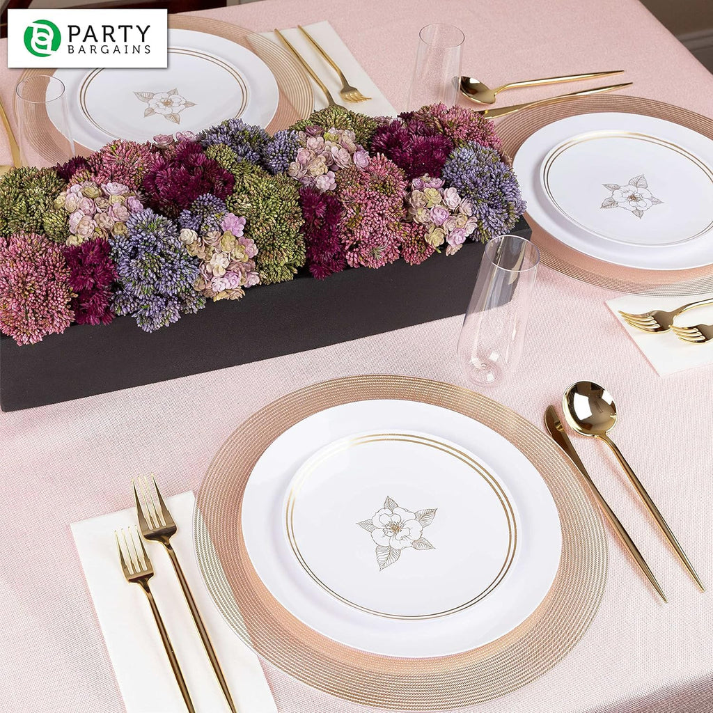 PARTY BARGAINS 13-Inch Charger Plates - 96 Pack, Clear Gold Rim, Heavy-Duty Disposable Chargers for Elegant Dining - Ideal for Weddings and Formal Events