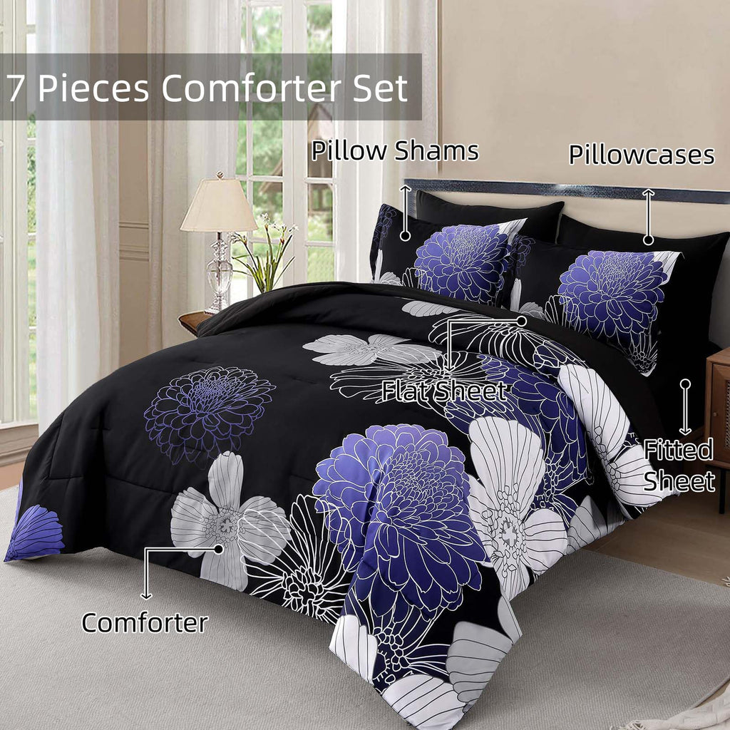 Yiran 7 Pieces Bed in a Bag Blue Floral Comforter Set Queen Size Flowers Comforter Set Soft Microfiber Bedding Set (1 Comforter 1 Flat Sheet 1 Fitted Sheet 2 Pillowshams 2 Pillowcases)