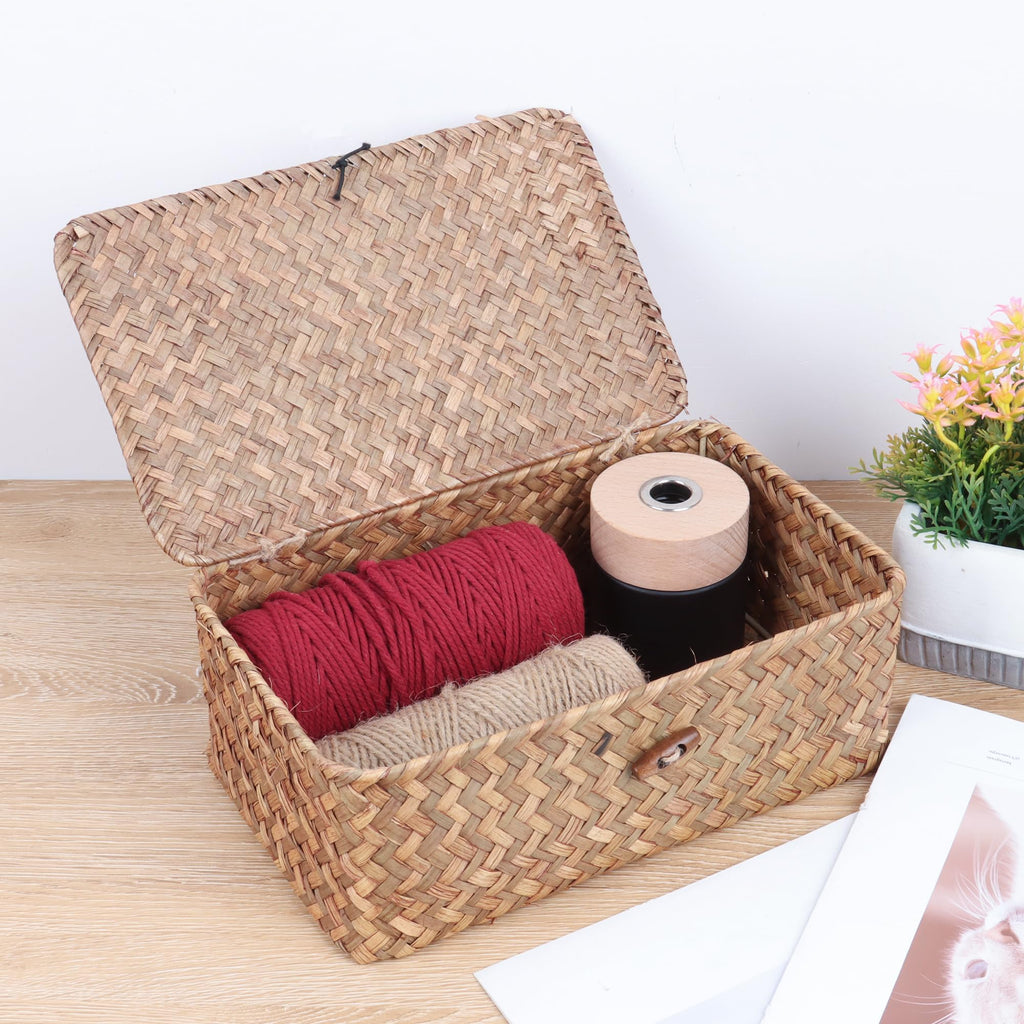 FEIALNDUO Wicker Shelf Baskets with Lid,Seagrass Storage Basket Bins Rectangular Handwoven Basket Boxes for Shelves Desktop Home Organizer (Coffee, X-Small)