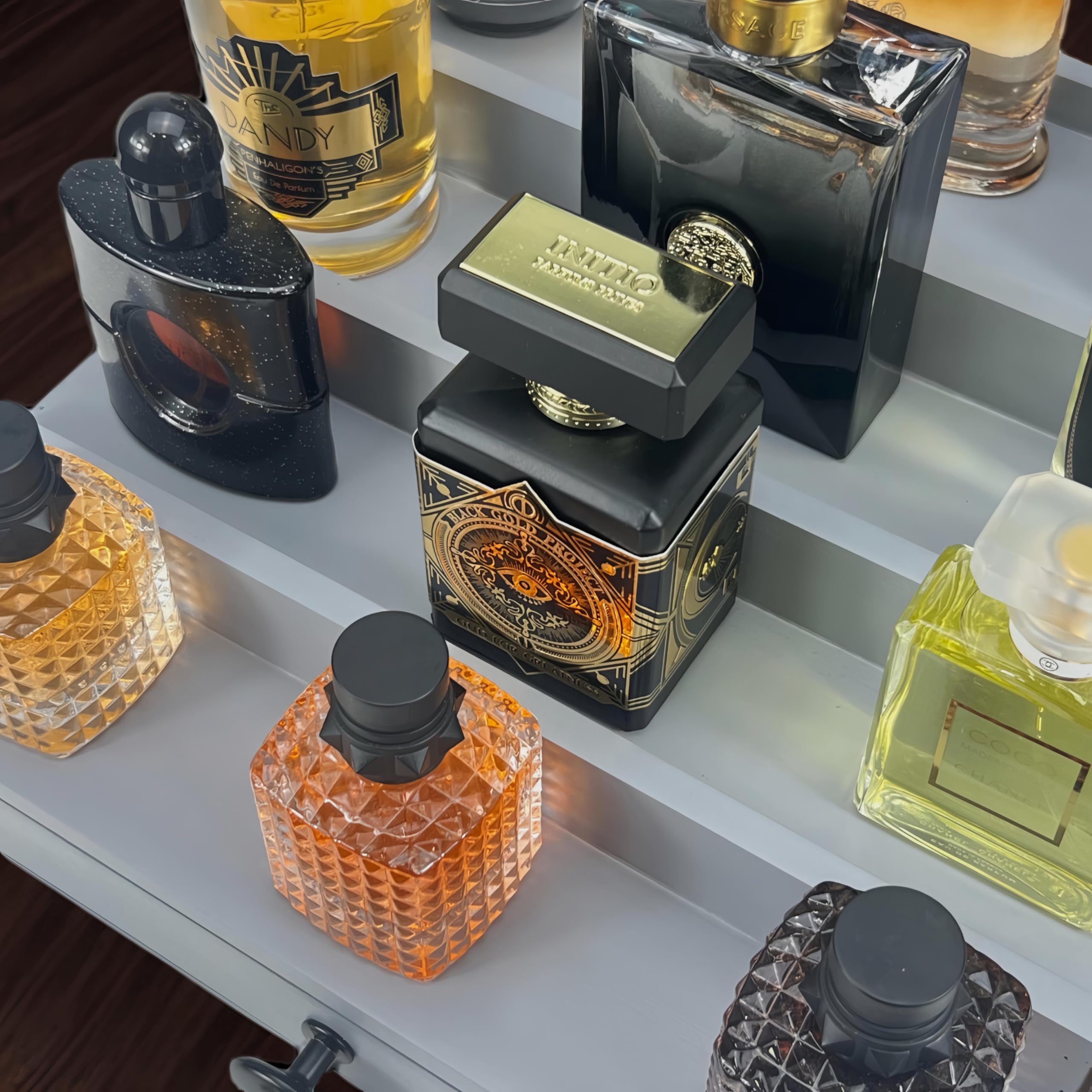 Wooden Cologne Organizer for Men 3 Tier | Black Perfume Holder Shelf for Dresser | High Grade Velvet Lining and Stylish Gift Box | Uncluttered Design Perfume Display Stand