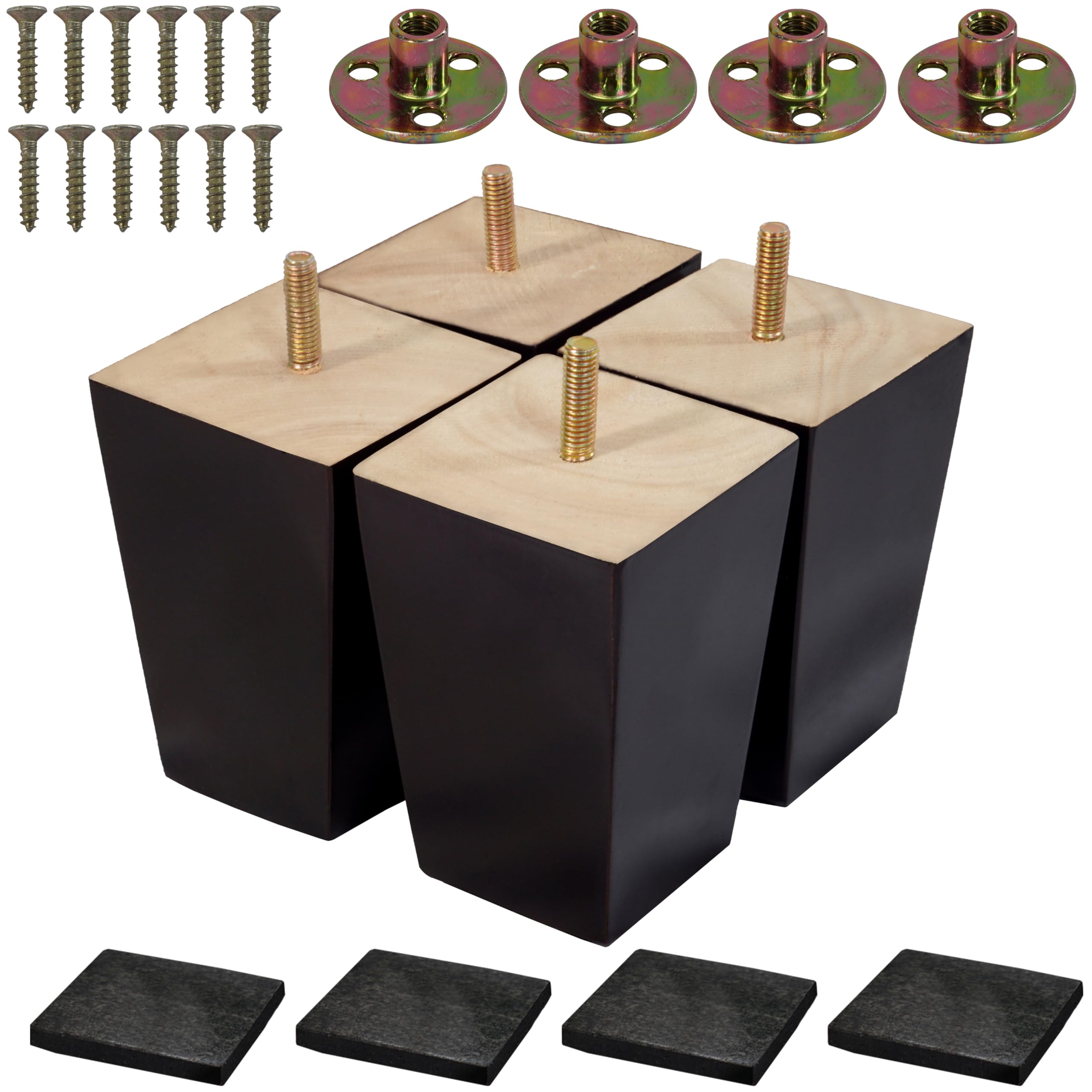 BARIEN (5 Sizes: 3"- 4"- 5"- 6"- 8") Set of 4 Wood Furniture Legs - Square Sofa Legs, Couch Leg - Brown Mid-Century Modern Replacement Legs for Armchair Recliner Coffee Table Dresser (3")