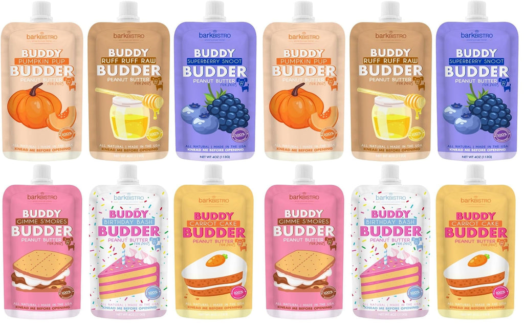 BUDDY BUDDER 6 Pack Mixed Flavor Squeeze Packs, 100% Natural Dog Peanut Butter, Healthy Peanut Butter Dog Treats, Made in USA, (4oz Packs)