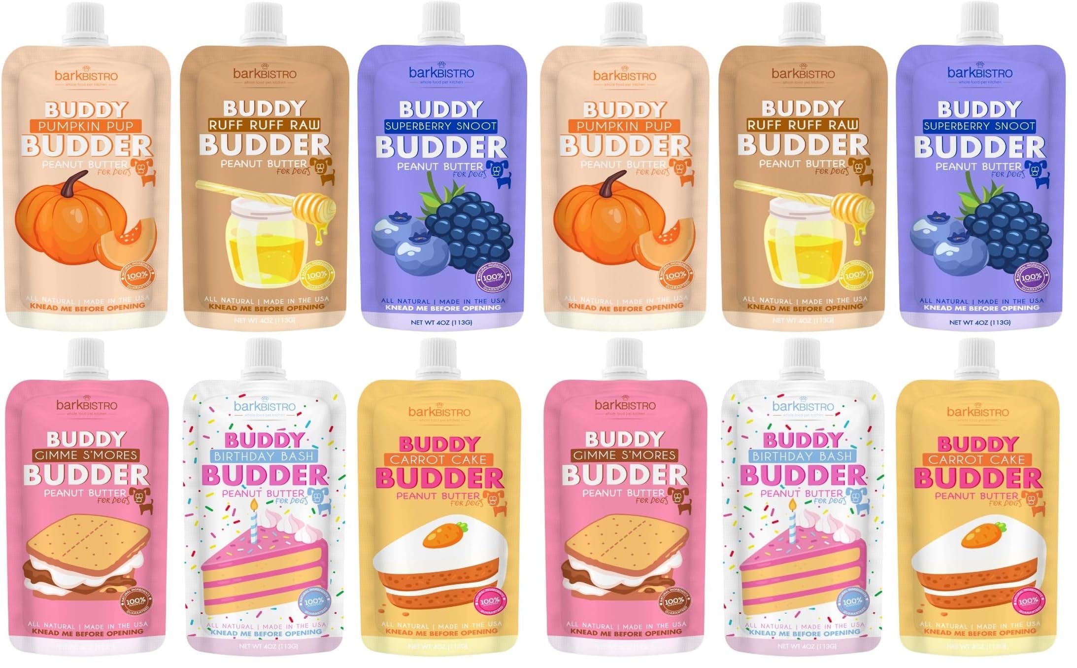 BUDDY BUDDER 6 Pack Mixed Flavor Squeeze Packs, 100% Natural Dog Peanut Butter, Healthy Peanut Butter Dog Treats, Made in USA, (4oz Packs)