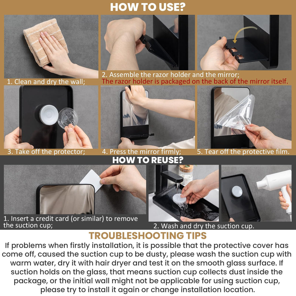 TAILI Shower Mirror Fogless for Shaving | Shower Mirror Fogless, Shaving Mirrors, Suction Cup, Removable & Reusable, Razor Holder Storage, Bathroom Accessories K9