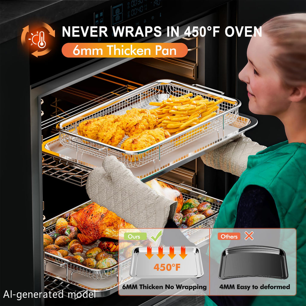 Air Fryer Basket for Oven, Large14.88"×10.98"Air Fryer Pans for Convection Oven with 30 Sheet Parchment Papers, THORSES Non-Stick Stainless Steel Air Fryer Basket and Tray for Multi Cooking - Black