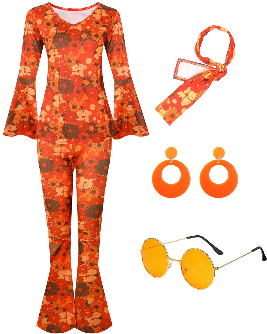 Leumoi 6 Pcs 60s 70s Disco Outfit Women Hippie Costume Accessories Flared Pants Headband Earrings Sunglass