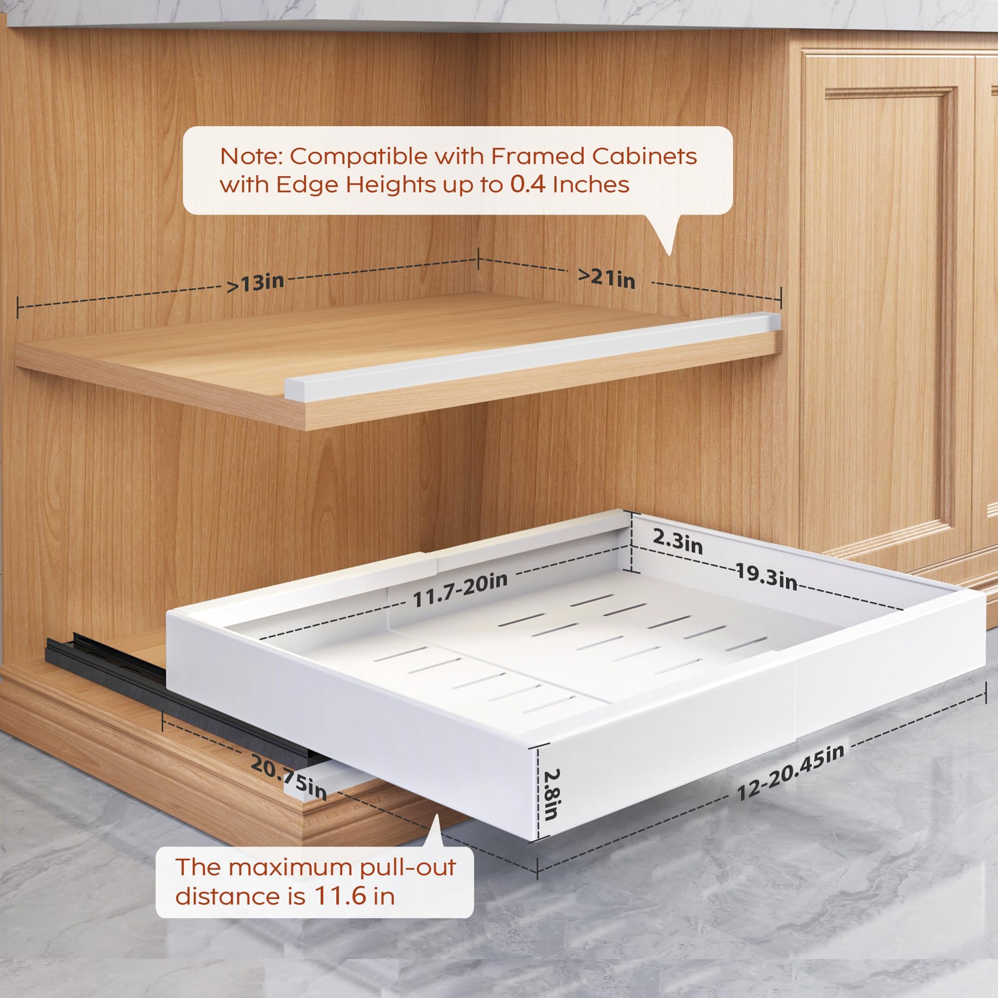 Seinloes 4 Pack Pull Out Cabinet Organizers 21" Deep With Raising Pad for Framed Cabinets, Expandable Width (15.2"-26.3") Slide Out Drawers Upgrade 3 Slide Rails, Roll Out Shelves Adhesive, Black