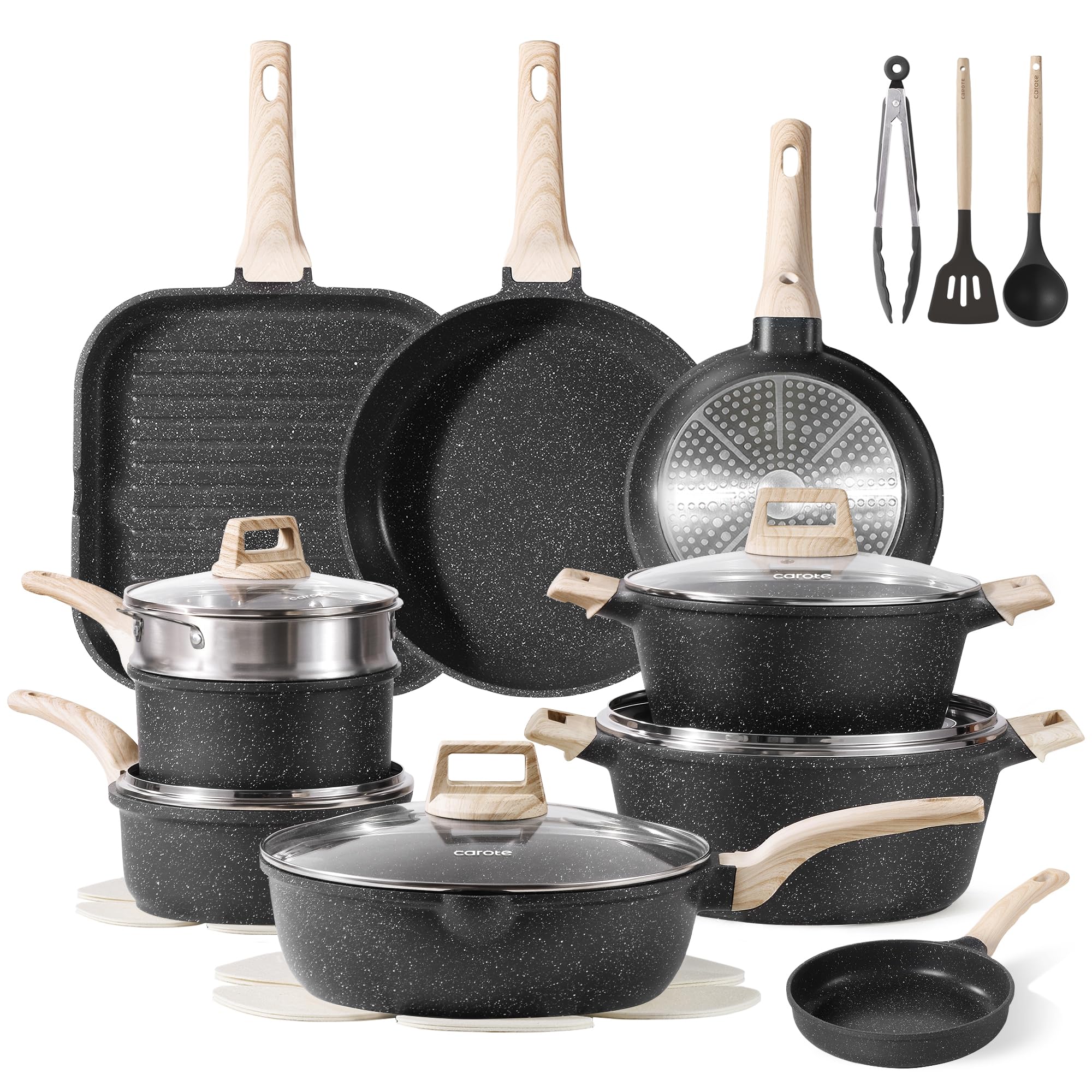 CAROTE 21pcs Pots and Pans Set Nonstick, Cookware Set Black Induction Kitchen Cooking Set w/Frying Pans & Saucepans(PFOS, PFOA Free)