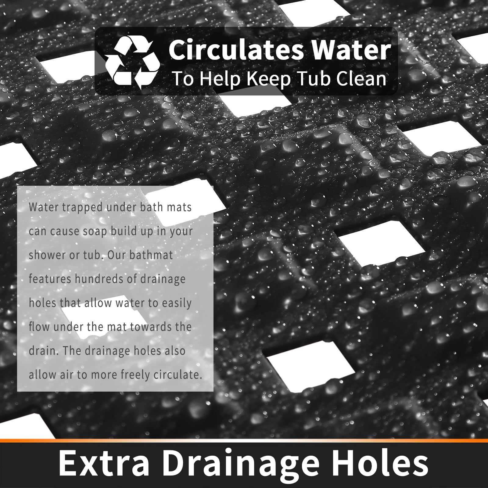Yimobra Square Shower Mat Non Slip, Super Strong Suction Cups, 21"X21" Bath Tub Mat with Drain Holes, Machine Washable Fast Draining Bath Mats, Bathroom Essentials,Black