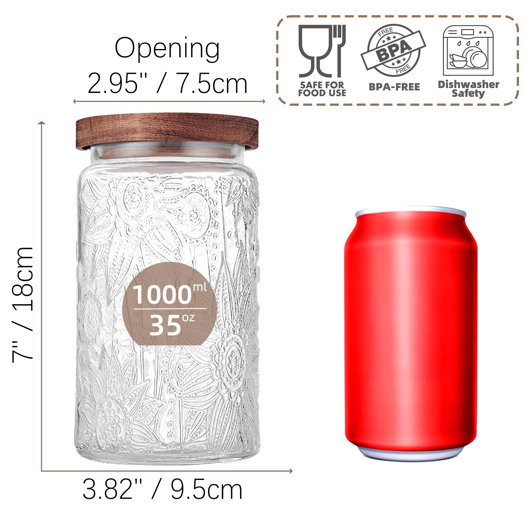 Custde Glass Storage Jars With Airtight Lid, 23.7oz Container For Kitchen Counter with Wooden Lid, brown sugar, candy, coffee, cookie, salt, tea, cute Jar (35oz Large Begonia Flowers)