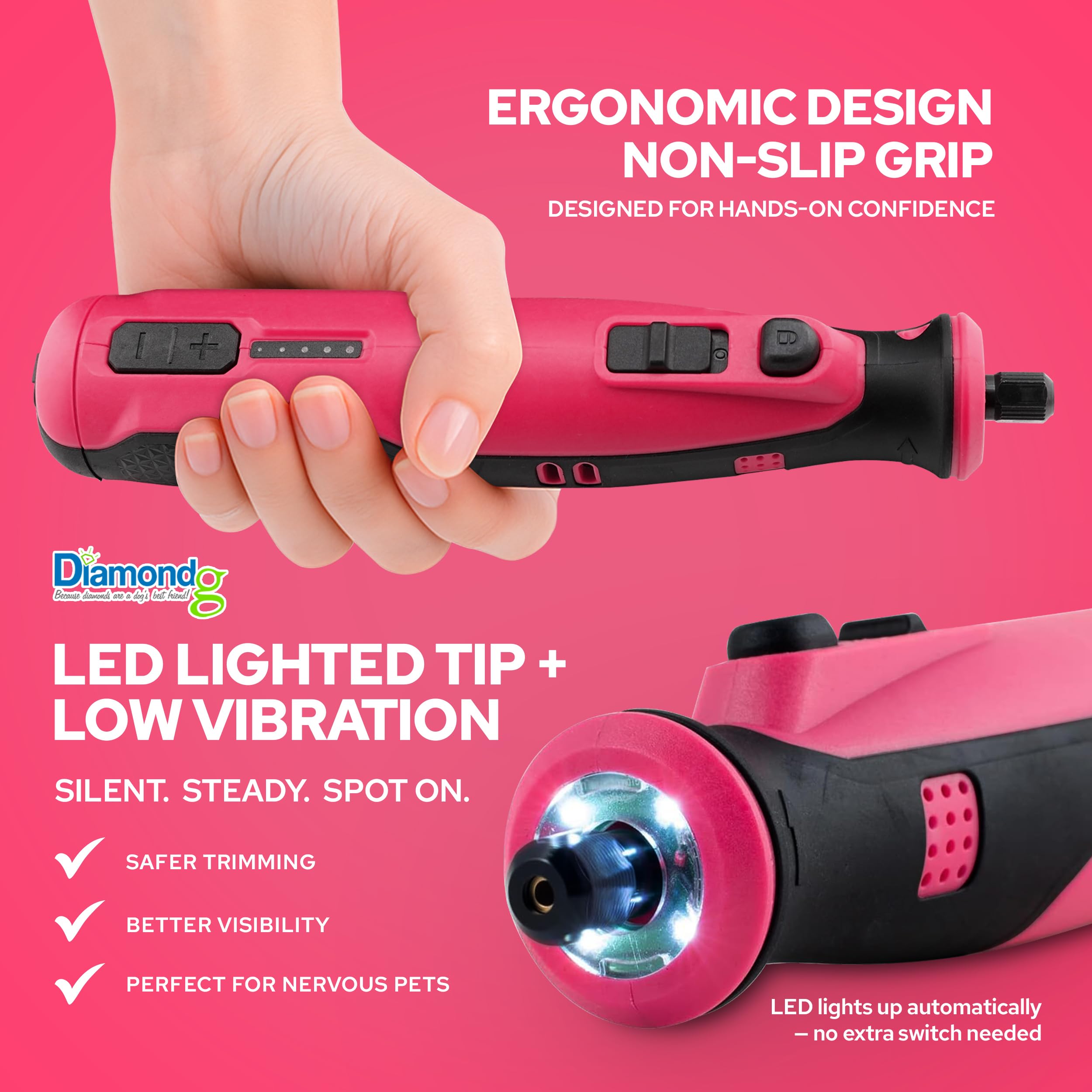 Diamondg Cordless Dog Nail Grinder with Quiet Sound & LED Tip for Large & Small Dogs, 4hrs. Runtime - Electric Dog Nail Trimmer, Heavy Duty Rotary Tool Alternative to Toenail Clippers & Filers