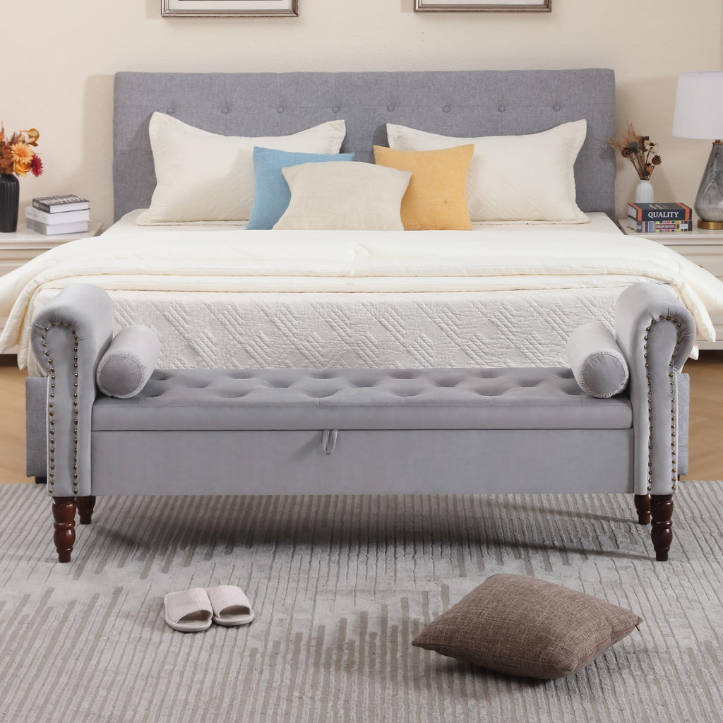 Storage Bench for Bedroom, 67" End of Bed Bench King Size, Velvet Bedroom Bench with Storage, Upholstered Tufted Storage Ottoman Benches with Arms for Bedroom, Entryway, Living Room, Beige