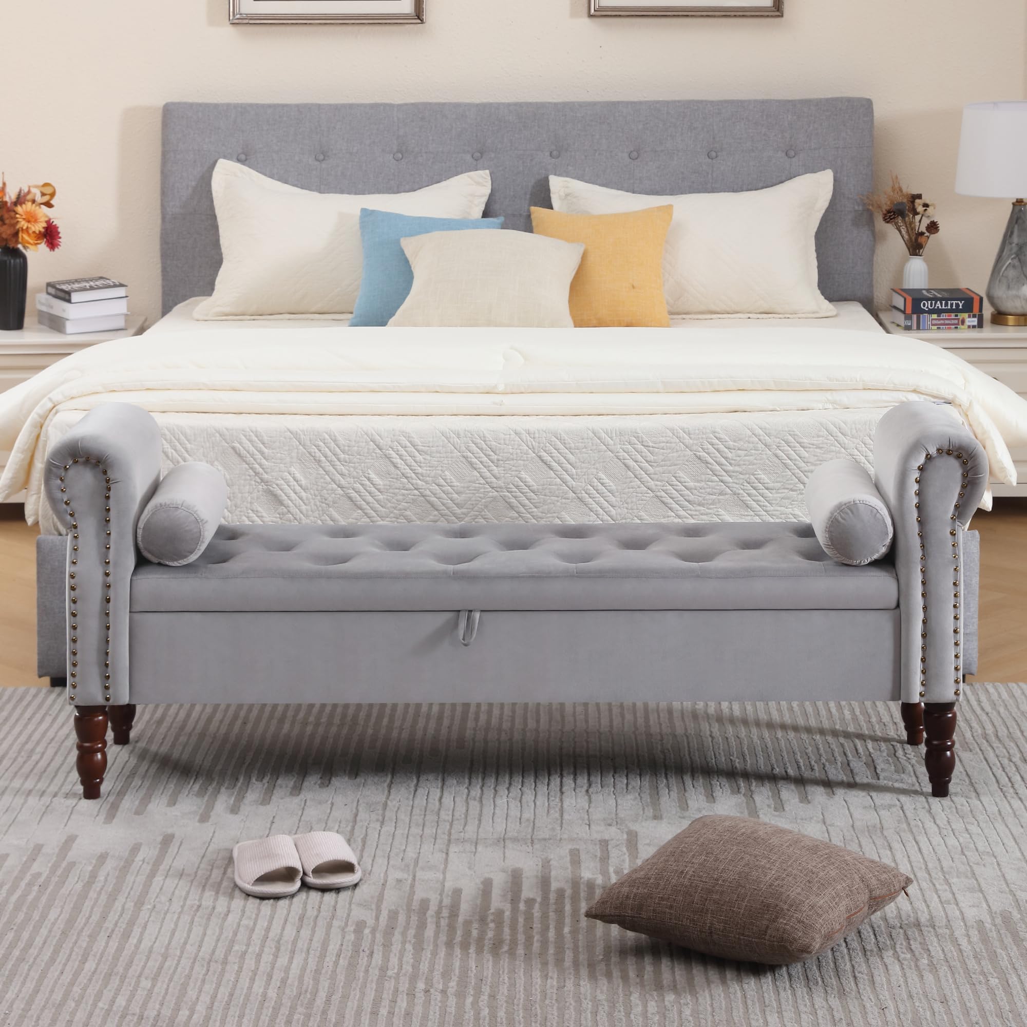 Storage Bench for Bedroom, 67" End of Bed Bench King Size, Velvet Bedroom Bench with Storage, Upholstered Tufted Storage Ottoman Benches with Arms for Bedroom, Entryway, Living Room, Beige
