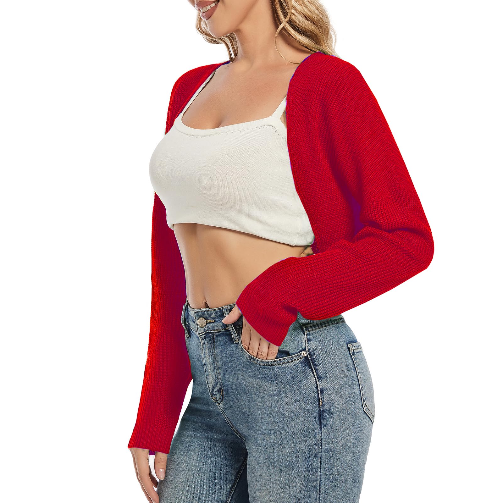 Women's Cardigan Shrugs Long Sleeve Knit Cropped Bolero Shrug Open Front Casual Cardigans for Dresses