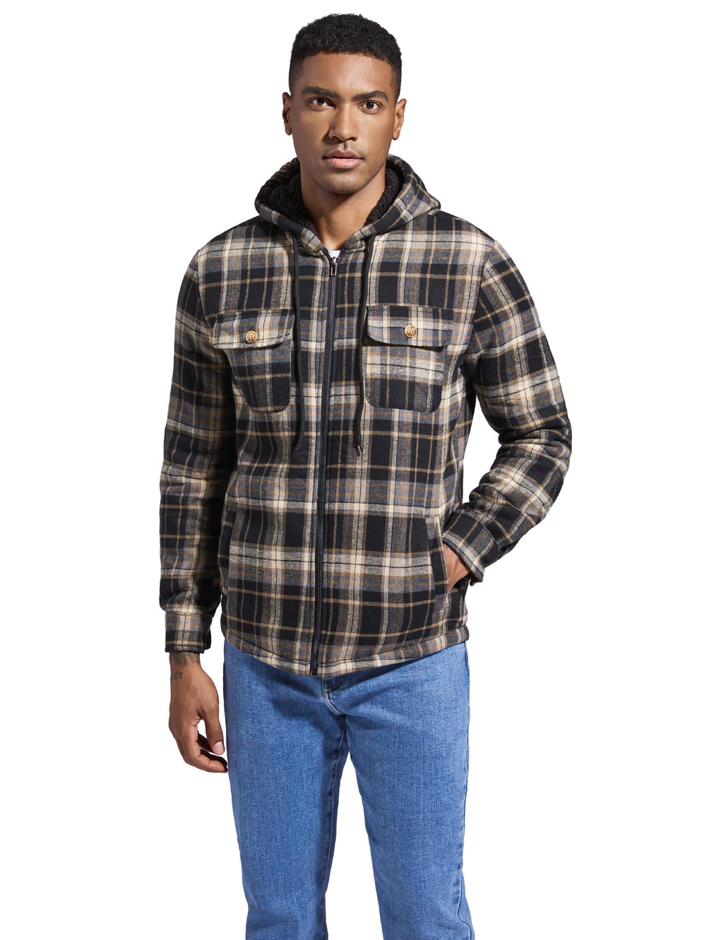 Men's Flannel Plaid Hooded Jackets Full Zip Sherpa Fleece Lined Hoodies Fashion Warm Coat