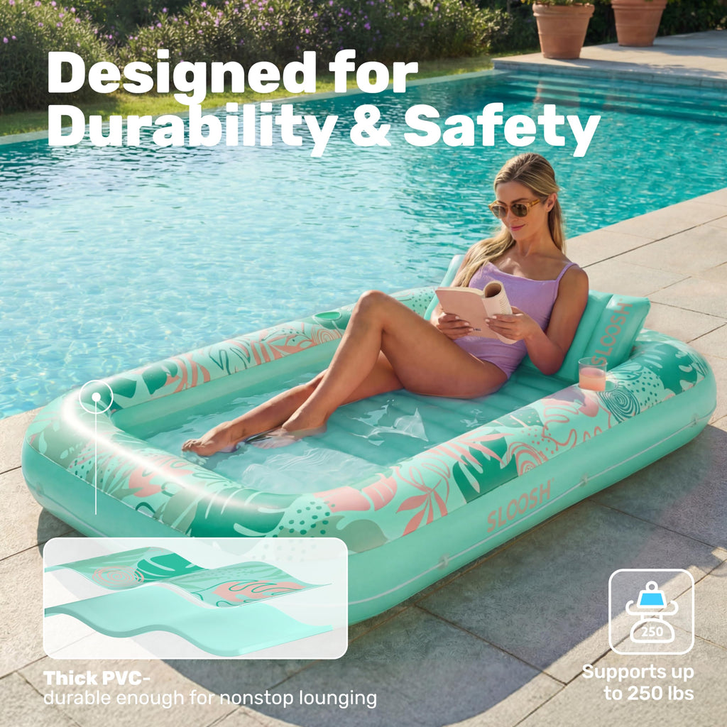SLOOSH Inflatable Tanning Pool Lounger Float, 85" x 57" Extra Large Pool Floats Adult with Pillow, 4 in 1 Suntan Tub Raft Floatie,Sunbathing Bed Lounge for Water Blow Up Ball Pit Party Gifts, XL-Blue