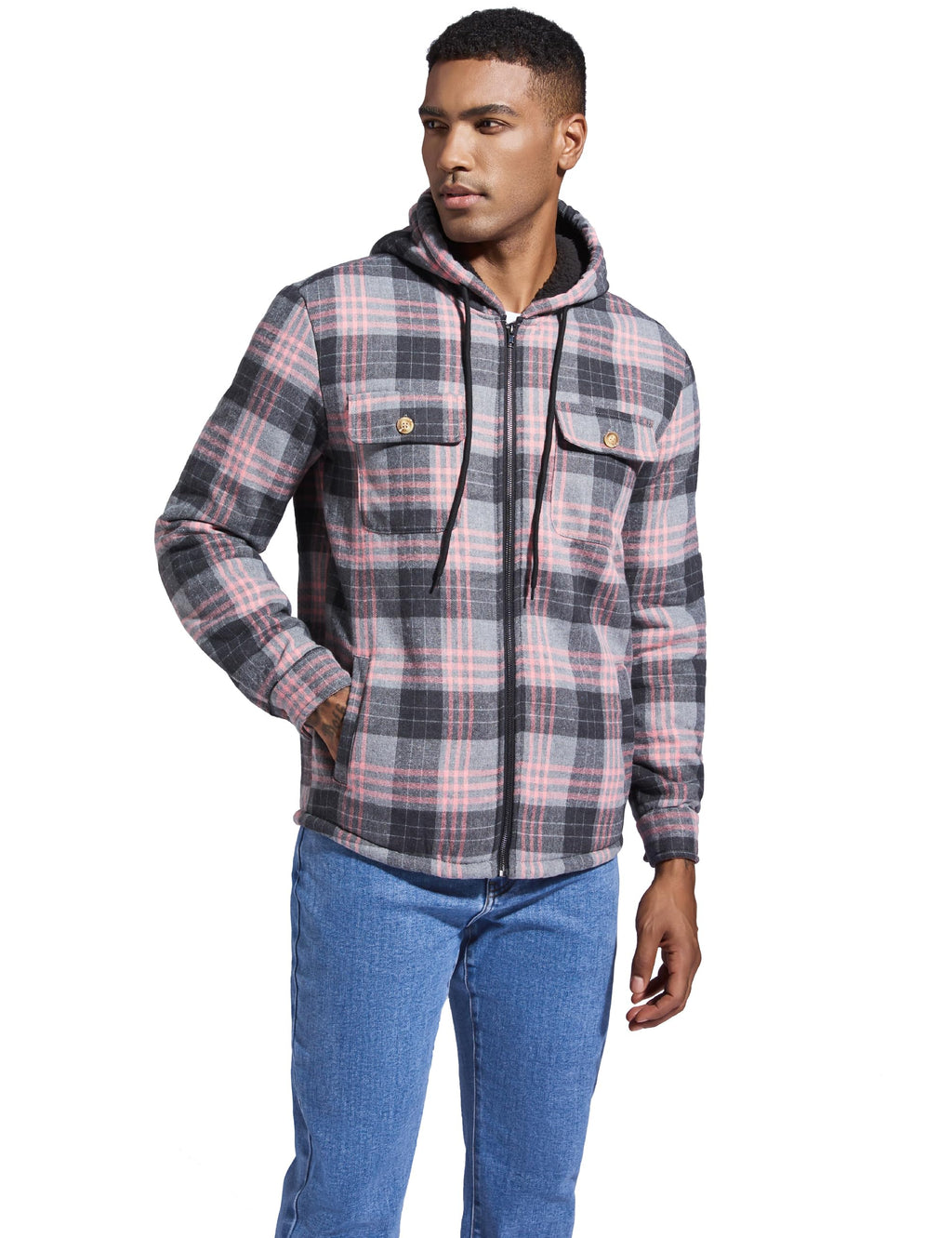 Men's Flannel Plaid Hooded Jackets Full Zip Sherpa Fleece Lined Hoodies Fashion Warm Coat