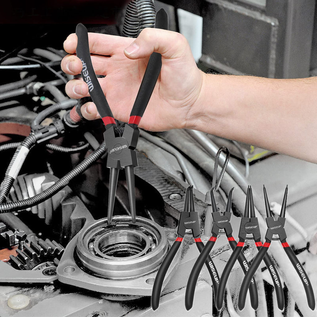 WISEUP Snap Ring Pliers Set, Heavy Duty 4PCS-7 inch Internal/External Circlip Pliers Kit, Straight/Bent Jaw Tips for C-Clip Ring Remover