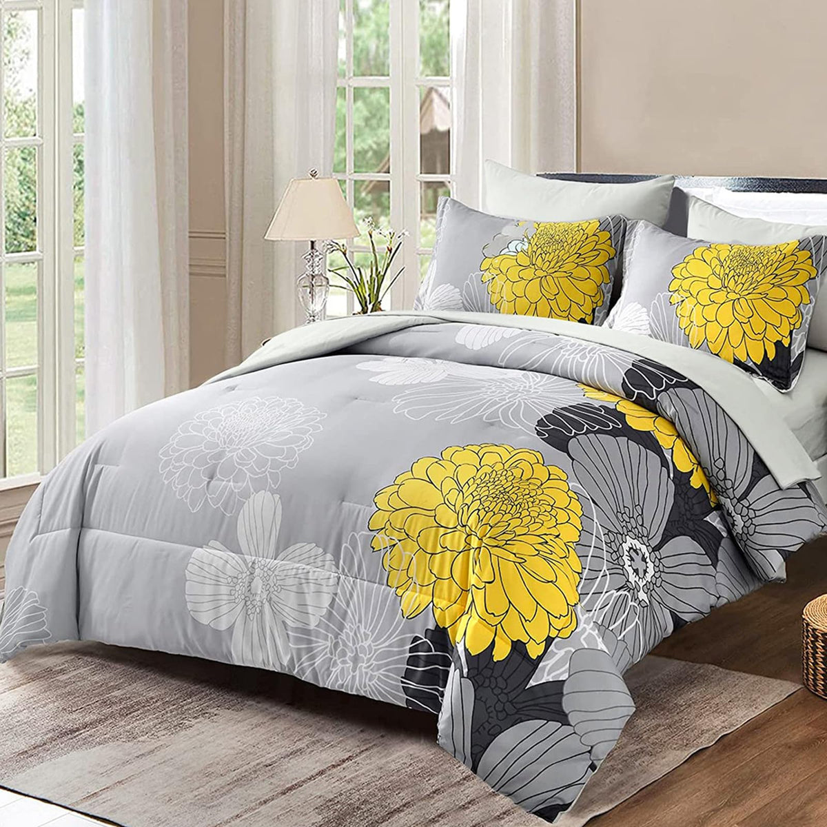 Yiran 7 Pieces Bed in a Bag Blue Floral Comforter Set Queen Size Flowers Comforter Set Soft Microfiber Bedding Set (1 Comforter 1 Flat Sheet 1 Fitted Sheet 2 Pillowshams 2 Pillowcases)