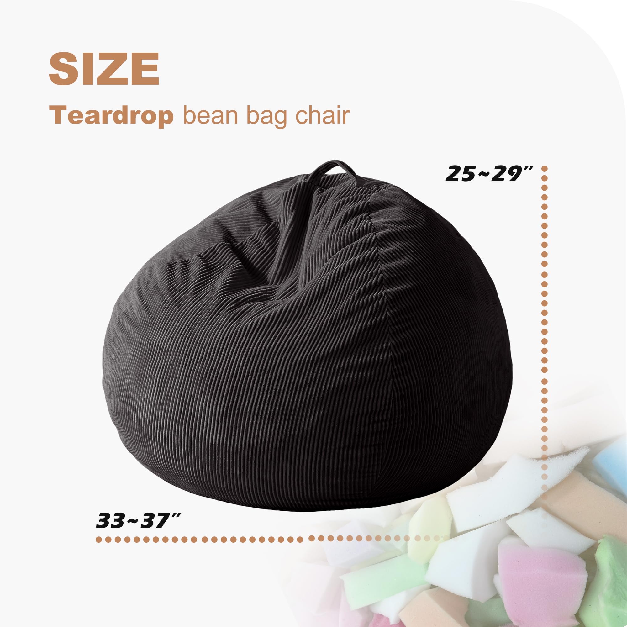 Homguava Bean Bag Chair,Teardrop Bean Bags Small Beanbag Chair with Memory Foam Filled and Ultra Soft Corduroy Cover for Living Room, Bedroom (Black 2FT)