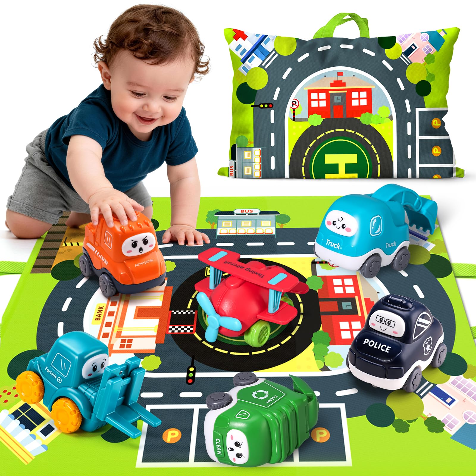 Big Cartoon Truck Car Toys for 1 Year Old Boy with Playmat/Storage Bag|Baby and Toddler Toys 12-18 Months & Age 1-2|1st Birthday Gift for Baby Toys 1 Year Old
