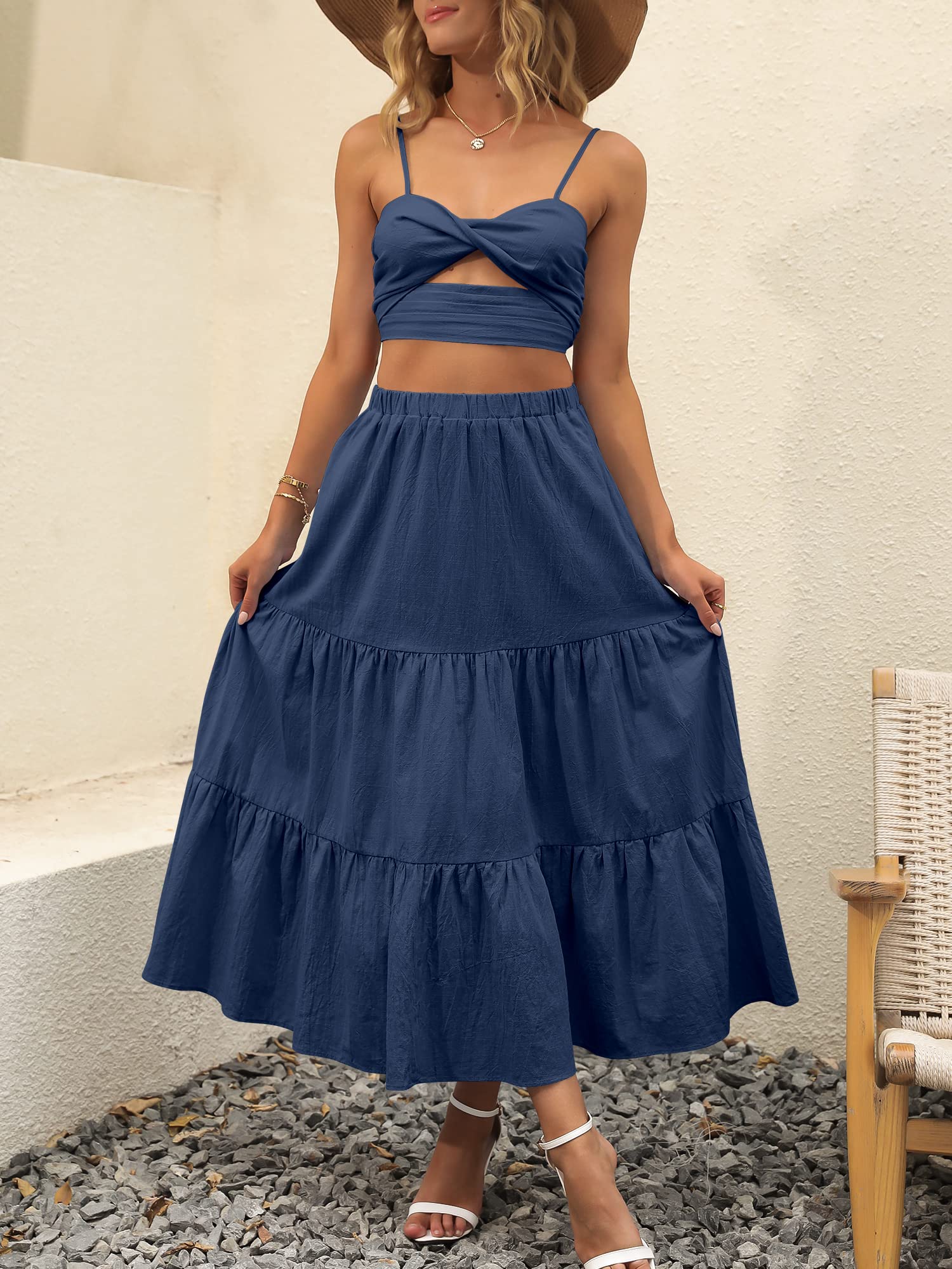 ANRABESS Women’s Summer Boho Flowy Swing Tiered A-Line Maxi Skirt 2026 Fashion Trendy Elastic Waist Pleated Long Beach Dress