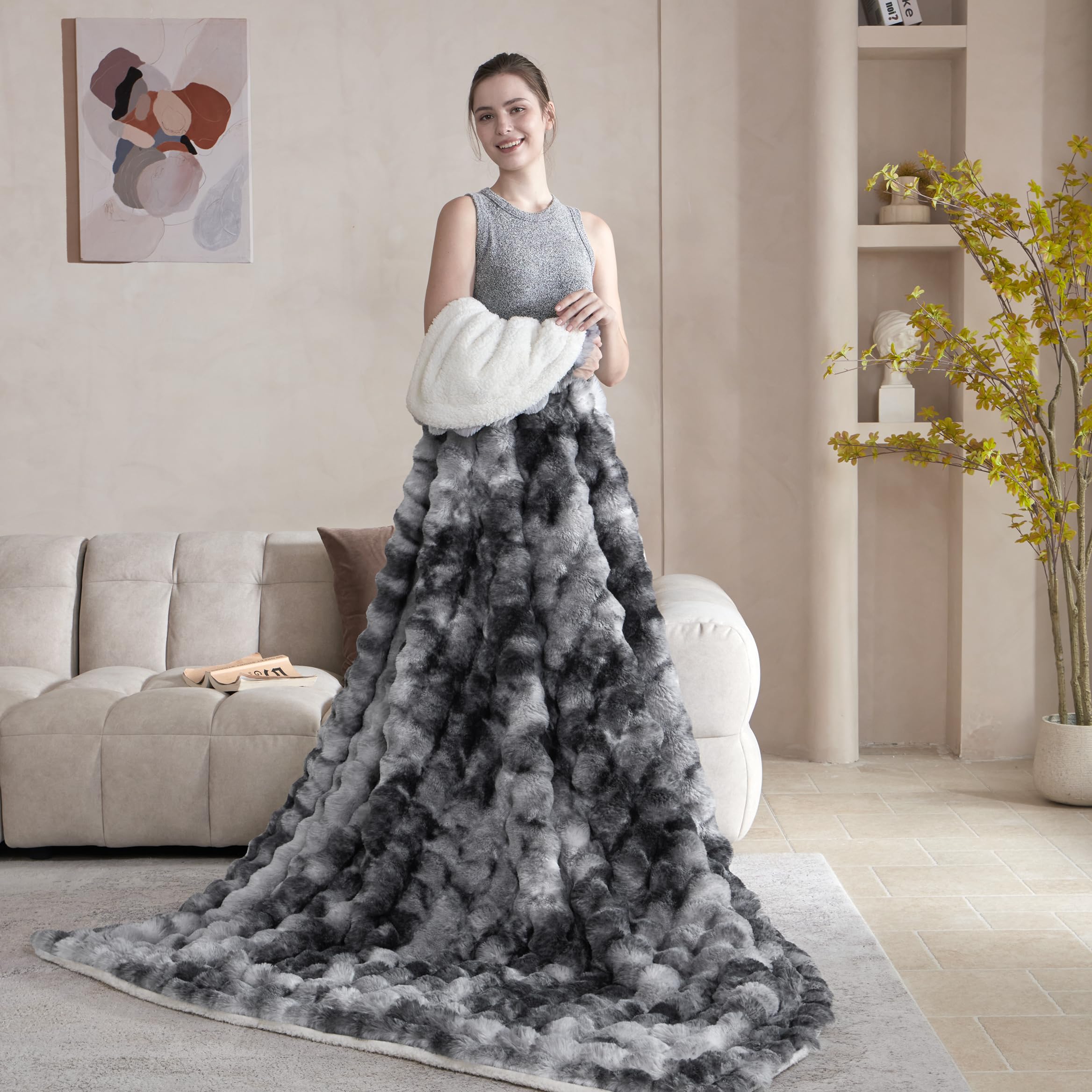 50x60 Inches Ultra-Soft Fuzzy Faux Fur Plush Throw Blanket - Thick, Warm Sherpa for Couch, Sofa, Bedroom, Camping - Decorative Blanket for Cozy Warmth, Bubble Grey