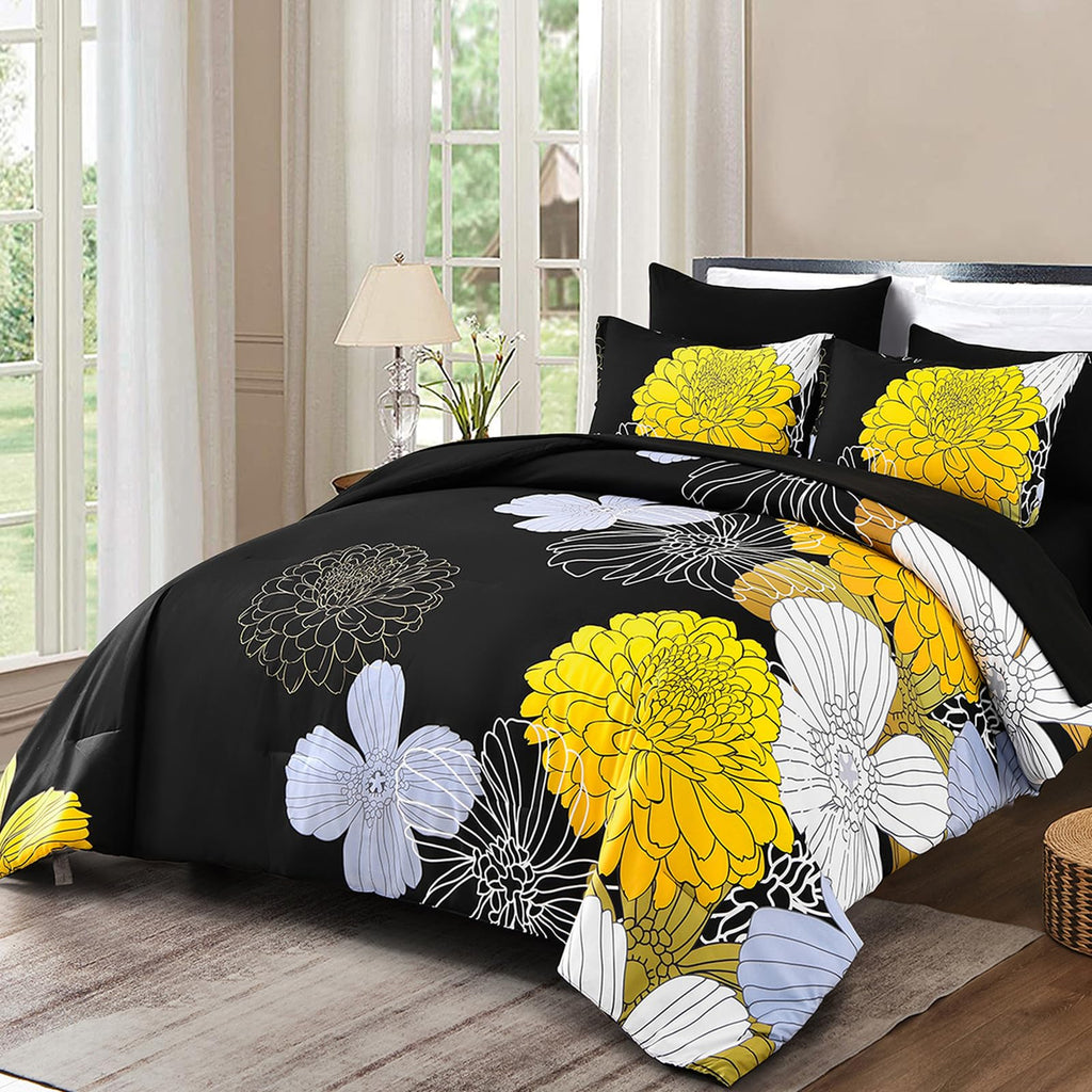 Yiran 7 Pieces Bed in a Bag Blue Floral Comforter Set Queen Size Flowers Comforter Set Soft Microfiber Bedding Set (1 Comforter 1 Flat Sheet 1 Fitted Sheet 2 Pillowshams 2 Pillowcases)