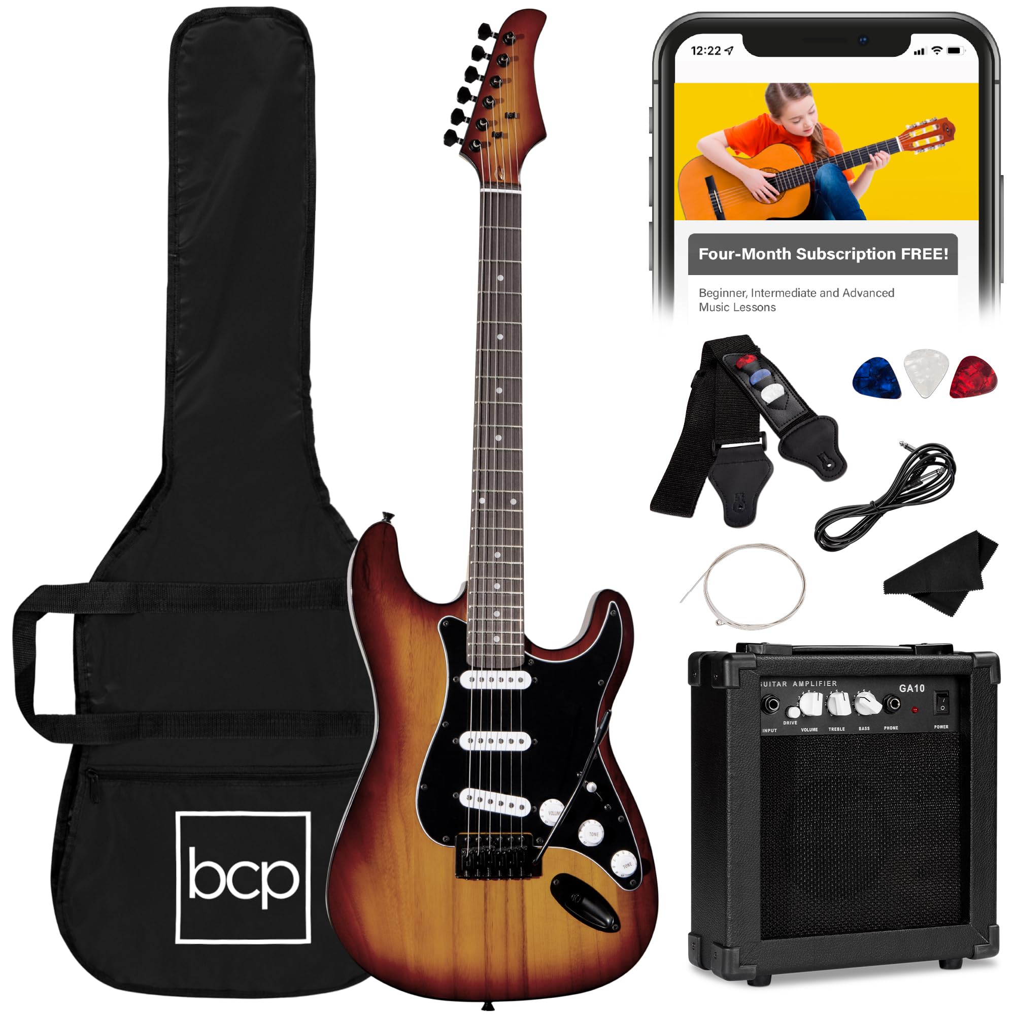 Best Choice Products 39in Full Size Beginner Electric Guitar Starter Kit w/Case, Strap, 10W Amp, Strings, Pick, Tremolo Bar - 3 Color Sunburst
