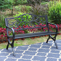 MFSTUDIO 50 Inches Outdoor Garden Bench, Cast Iron Metal Frame Patio Park Bench with Floral Pattern Backrest, Arch Legs for Porch Lawn Garden Yard(Black)