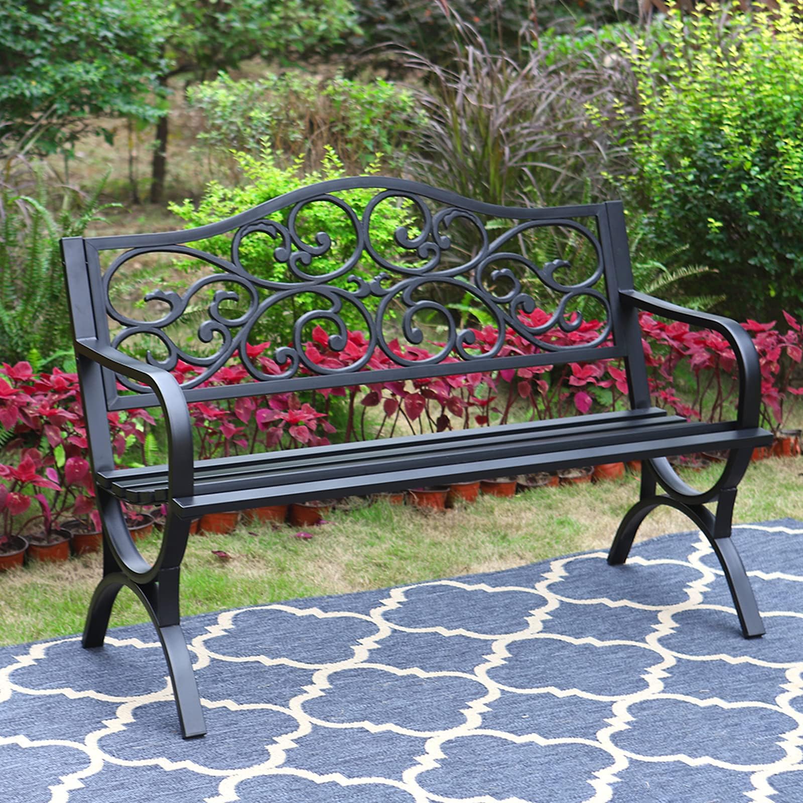 MFSTUDIO 50 Inches Outdoor Garden Bench, Cast Iron Metal Frame Patio Park Bench with Floral Pattern Backrest, Arch Legs for Porch Lawn Garden Yard(Black)