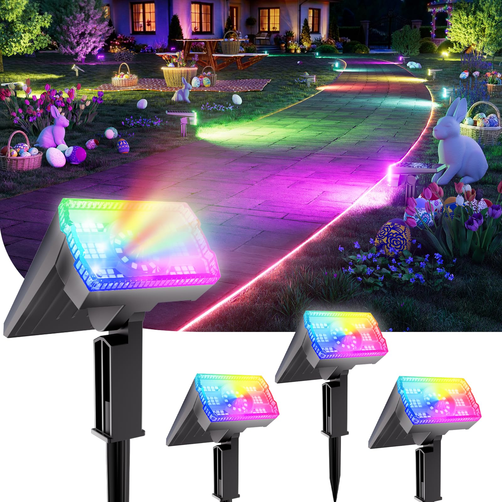 1 Pack Solar Spotlights Outdoor Waterproof IP67,Adjustable Wall&Ground Solar Lights Powered with 3 Colors, 3 Modes, Dusk to Dawn for Pathway/Garden/Yard/Patio/Driveway/Landscape Lighting Outside Décor