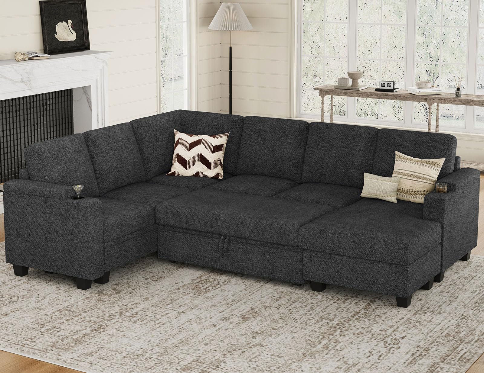 Belffin Modular Sectional Sleeper Sofa Bed with Storage Chaise L Shaped Sectional Couches for Living Room Armrest with Cup Holder. White Couch