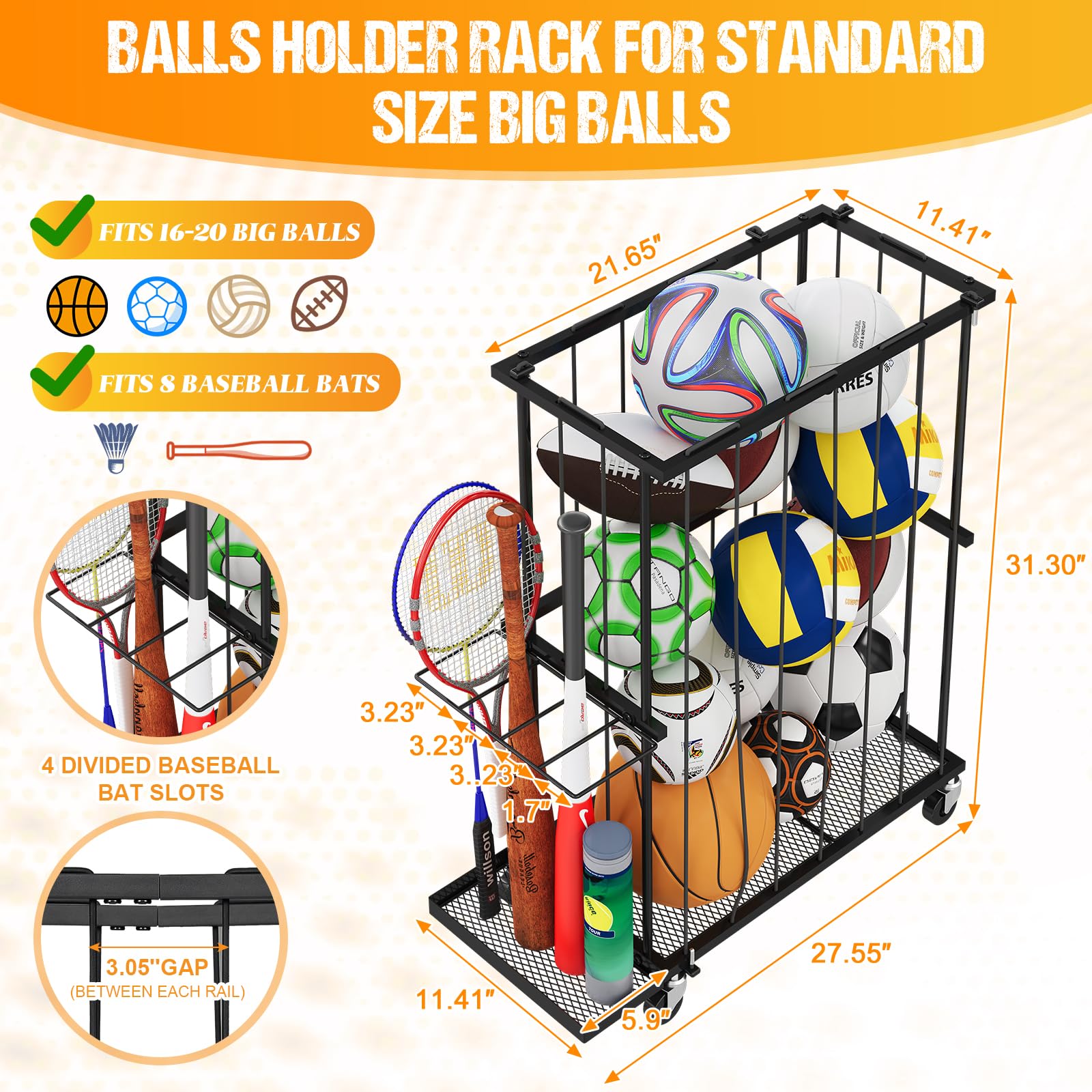 Hencawima Garage Ball Storage: Round Sports Equipment Organizer with Wheels, Sports Ball Rack With Elastic Rope, Ball Holder for Basketball, Soccer, Volleyball, Football, Garage, Gym, Outdoor (Black)