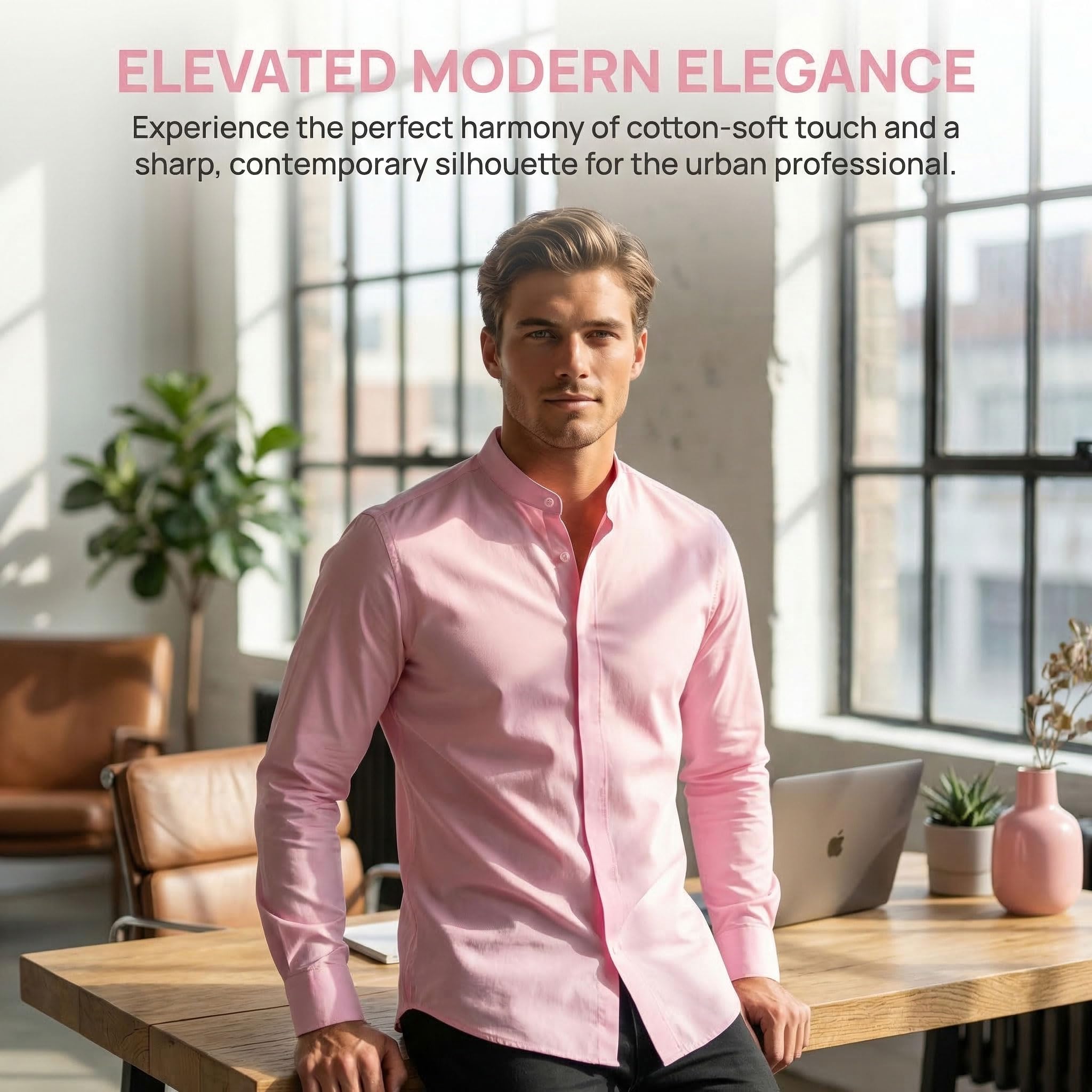 Men’s Banded Collar(Mandarin Collar) Long Sleeve Casual Solid Fancy Dress Shirts