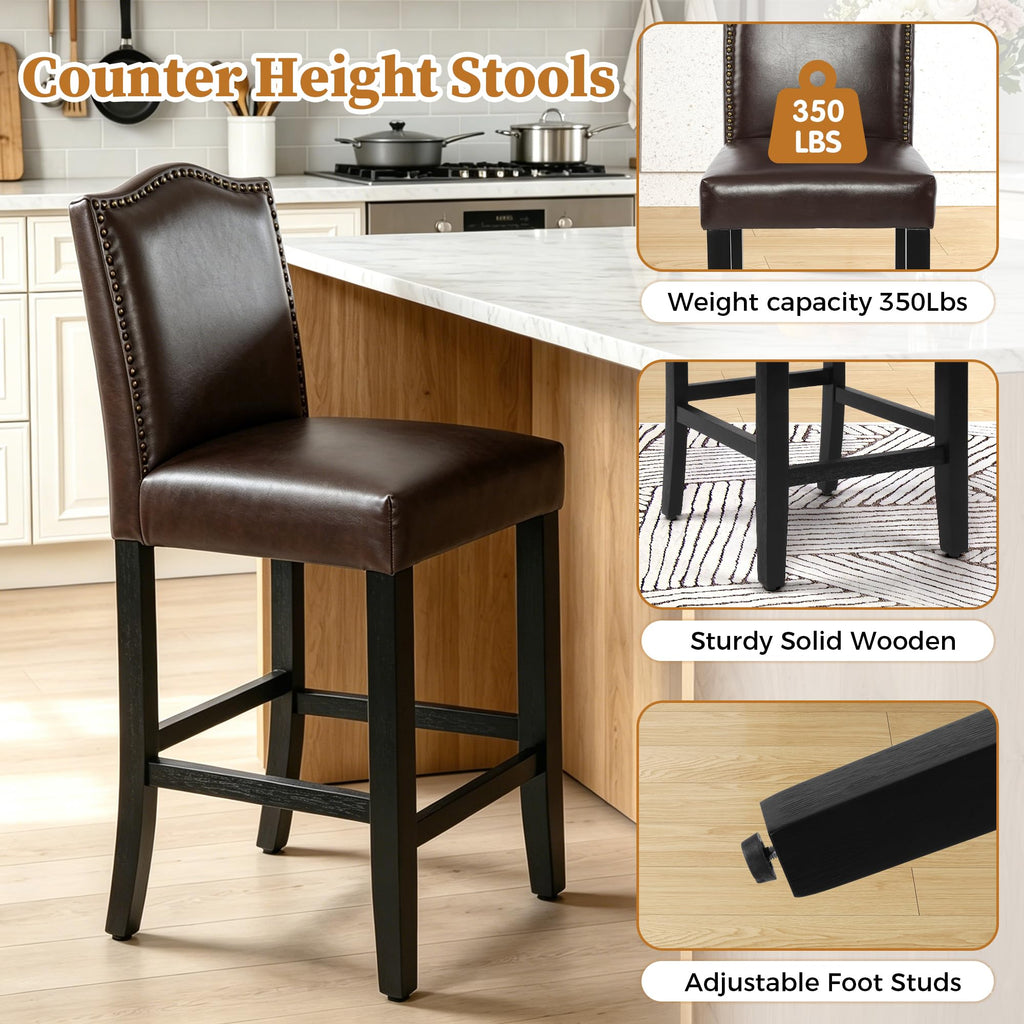 LSSPAID Counter Height Bar Stools Set of 2, 24.8 Inch Modern Upholstered Fabric Barstools, Kitchen Island Chairs with Bronze Nail Backrest and Solid Wood Legs for Kitchen Pub Home Cafe, Beige