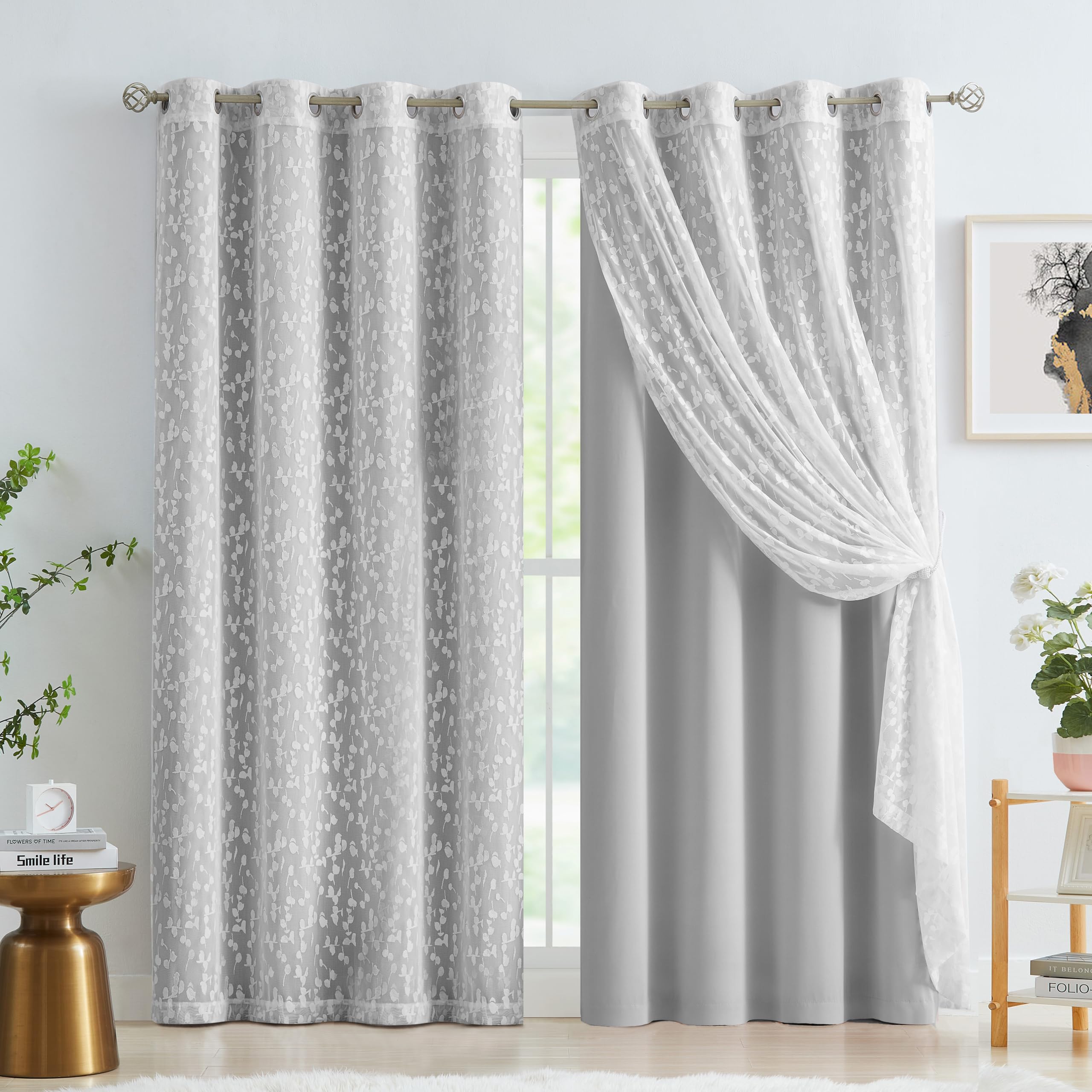 Jubilantex Full Blackout Curtains + Leaf Sheer Window Panels, Beige Mix and Match Style Double Layer Window Treatment Sets for Bedroom Living Room, 4 Panels 52" W x 63" L, Beige and White
