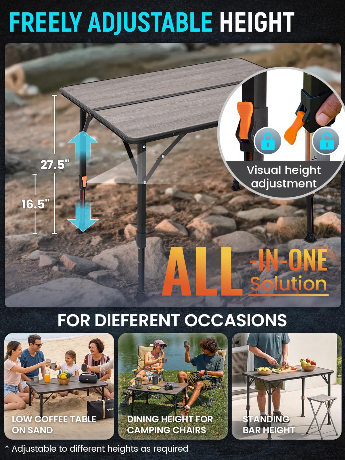 KingCamp Bamboo Folding Table, 4-Fold Camping Adjustable Height Portable Outdoor Lightweight & Compact Table with Aluminum Frame for RV Picnic BBQ Tailgating