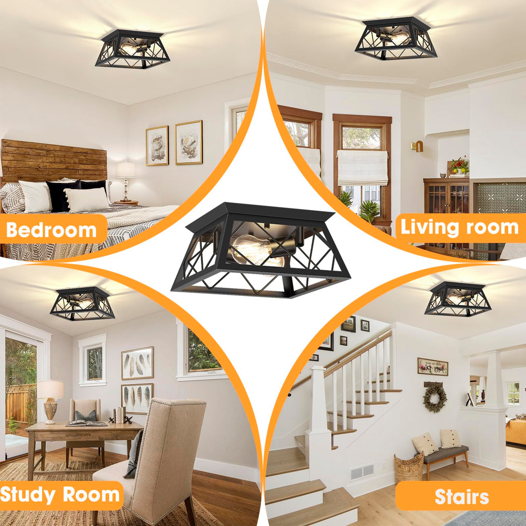 FadimiKoo 2-Light Black Flush Mount Ceiling Light Fixture, Industrial Hallway Light Fixtures Ceiling Mount for Farmhouse Kitchen, Square Cage Ceiling Lamp for Dining Room, Living Room, Entryway