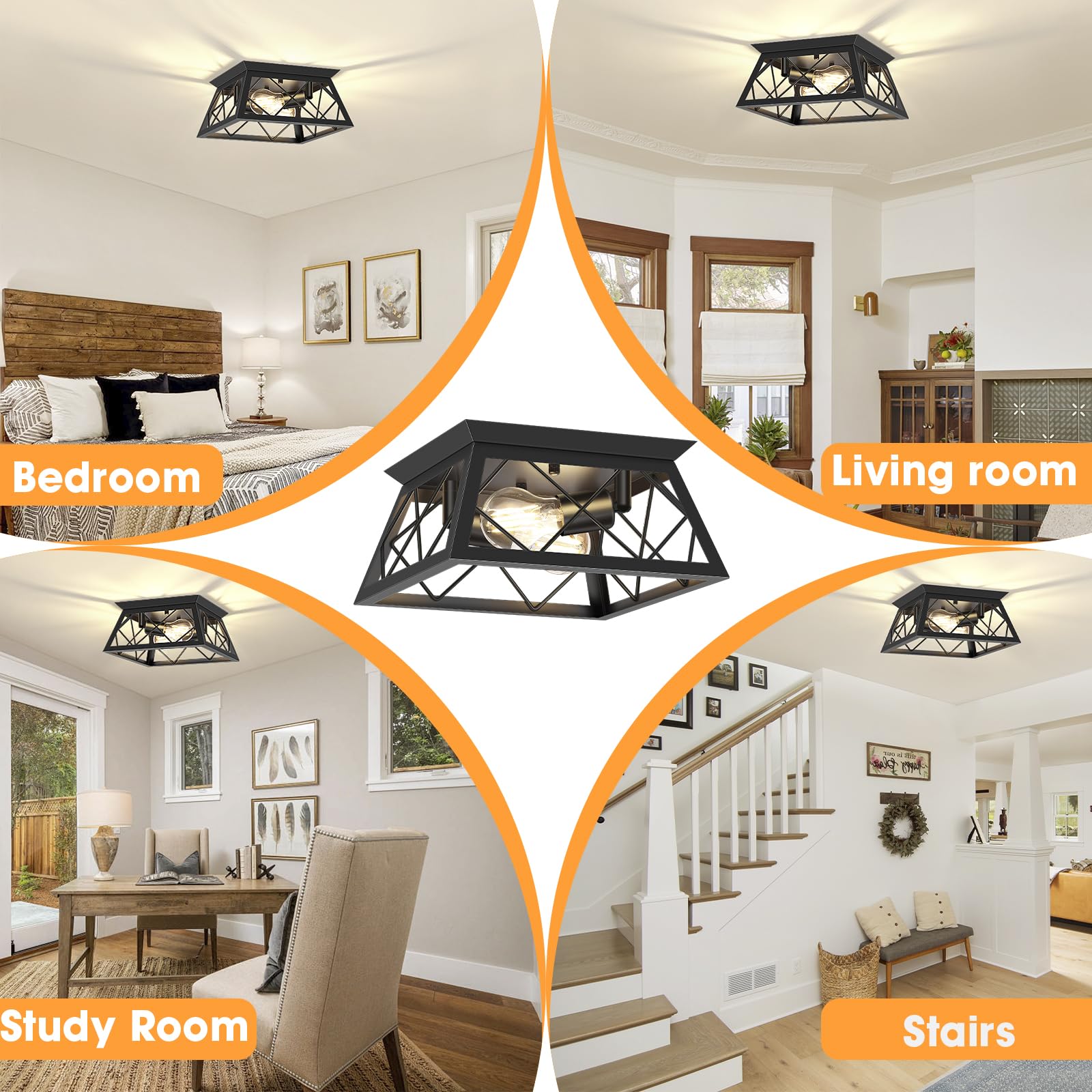 FadimiKoo 2-Light Black Flush Mount Ceiling Light Fixture, Industrial Hallway Light Fixtures Ceiling Mount for Farmhouse Kitchen, Square Cage Ceiling Lamp for Dining Room, Living Room, Entryway