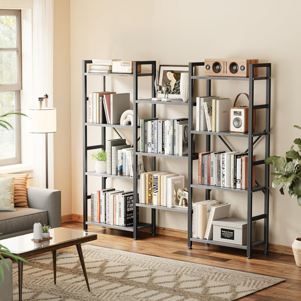 SUPERJARE Triple Bookshelf, Bookcase with 11 Open Display Shelves, Wide Book Shelf Book Case for Home & Office, 4 Tier, Black