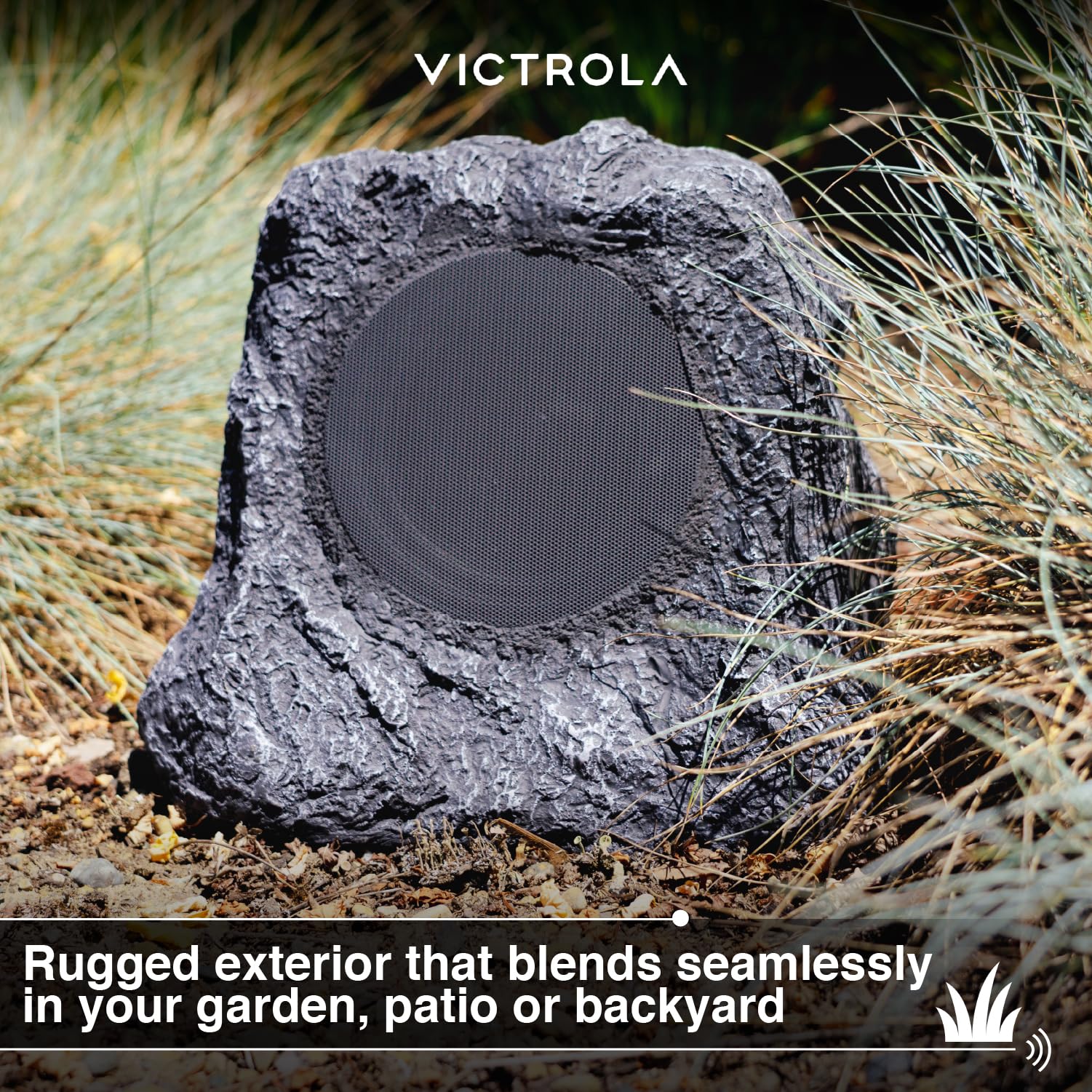 Victrola Outdoor Rock Speaker (Pair) – IPX4 Rechargeable Outdoor Bluetooth Speakers for Garden, Patio, Built for All Seasons, Wireless Music Streaming (Charcoal)