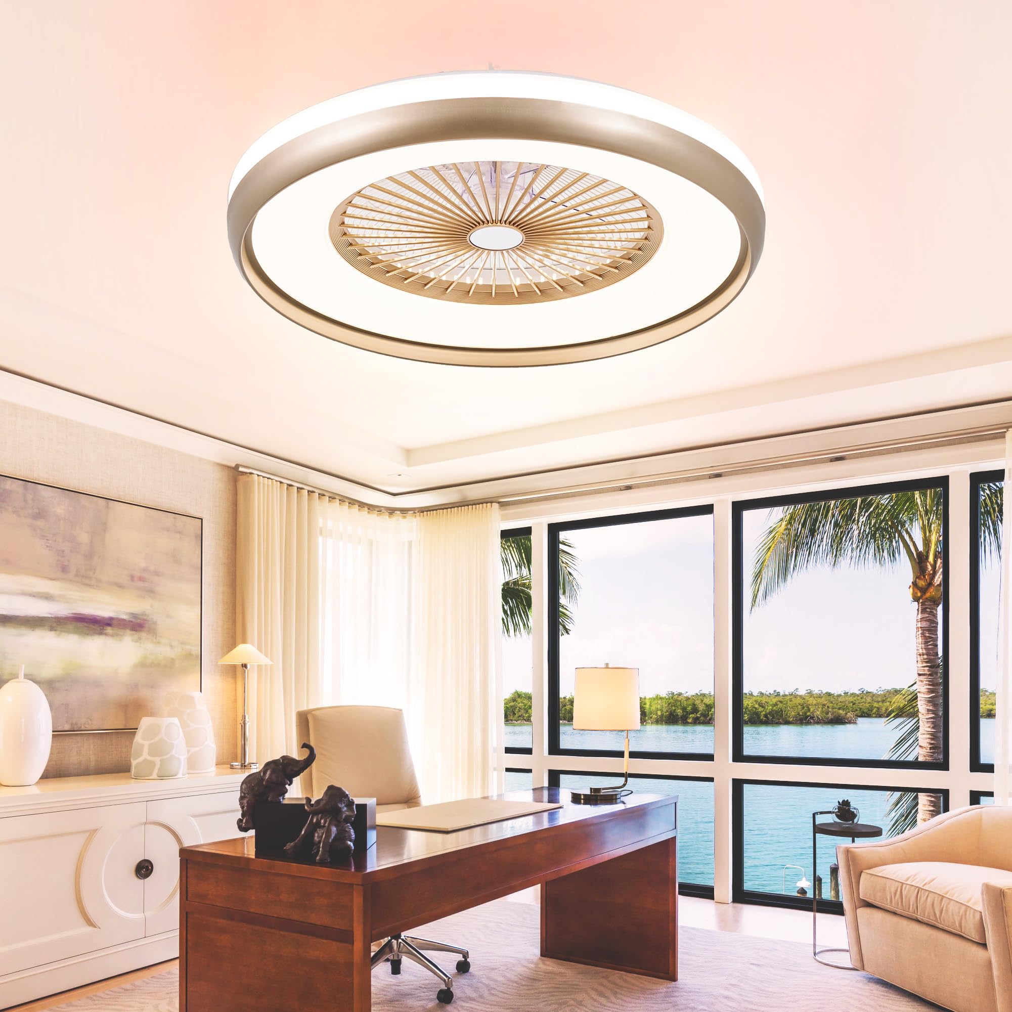 24" Bladeless Ceiling Fan with Light Remote, Smart LED Ceiling Fans with App Control, Modern Low Profile Dimmable Light Ceiling Fan for Bedroom Living Room Gold