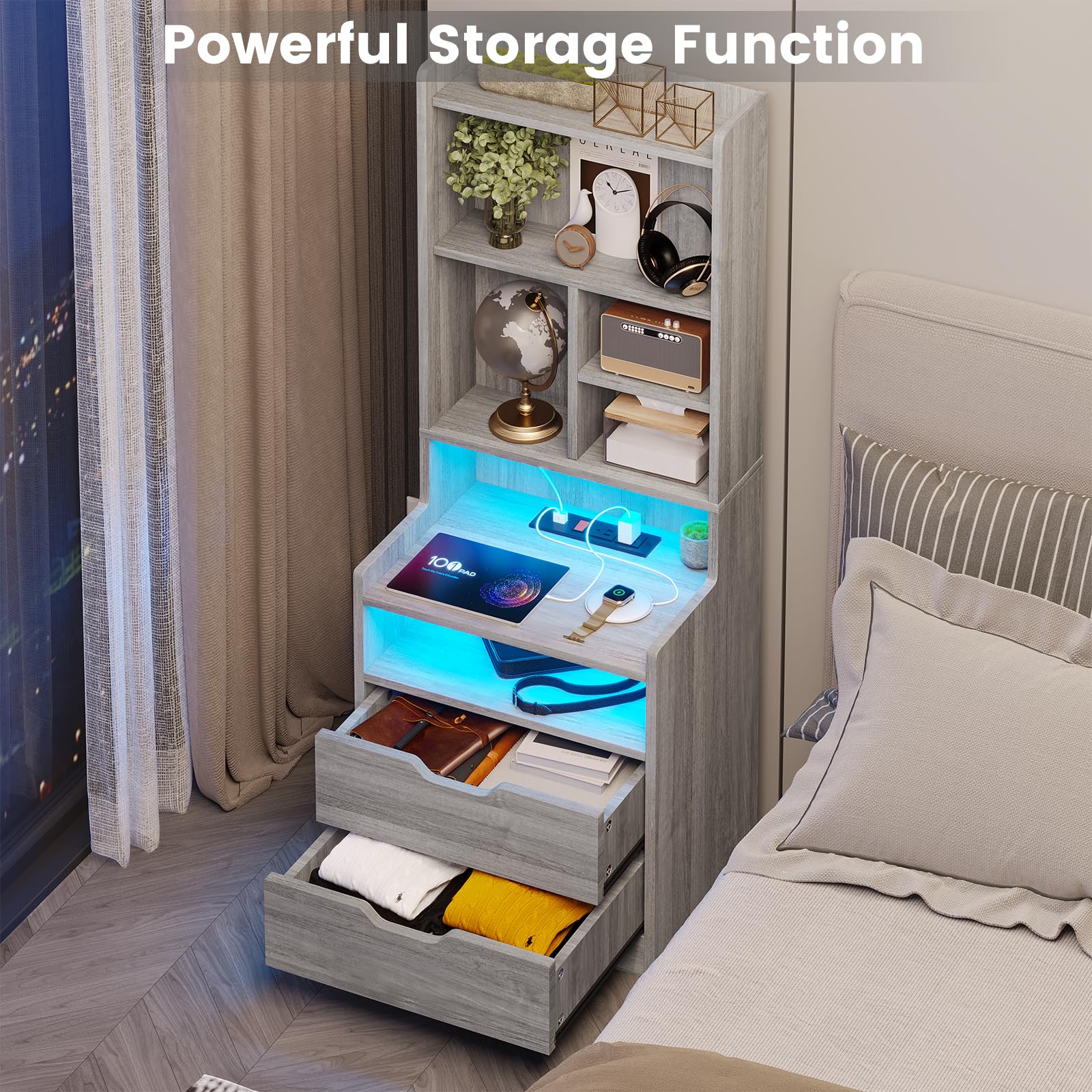 BTHFST Tall Nightstand with LED Lights and Charging Station, LED Black Nightstand with Shelves and 2 Drawers, Bedside Table with Bookshelf, Tall Side End Table with Storage