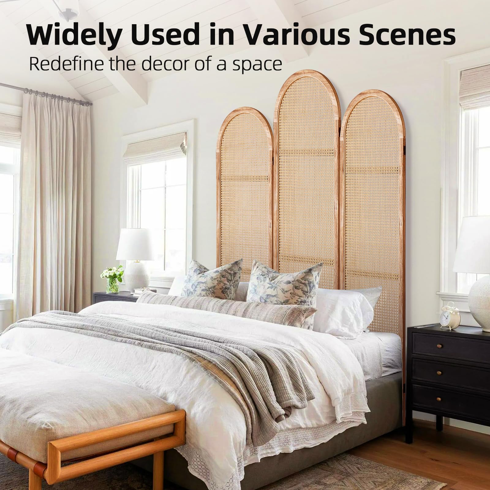 Hand-Woven Rattan Room Divider 3 Panels, 5.9 Ft Tall Wood Room Divider Panel, Partition Screen Divider Wall, Folding Privacy Screen, Wall Divider for Room Separation Home Office - Black