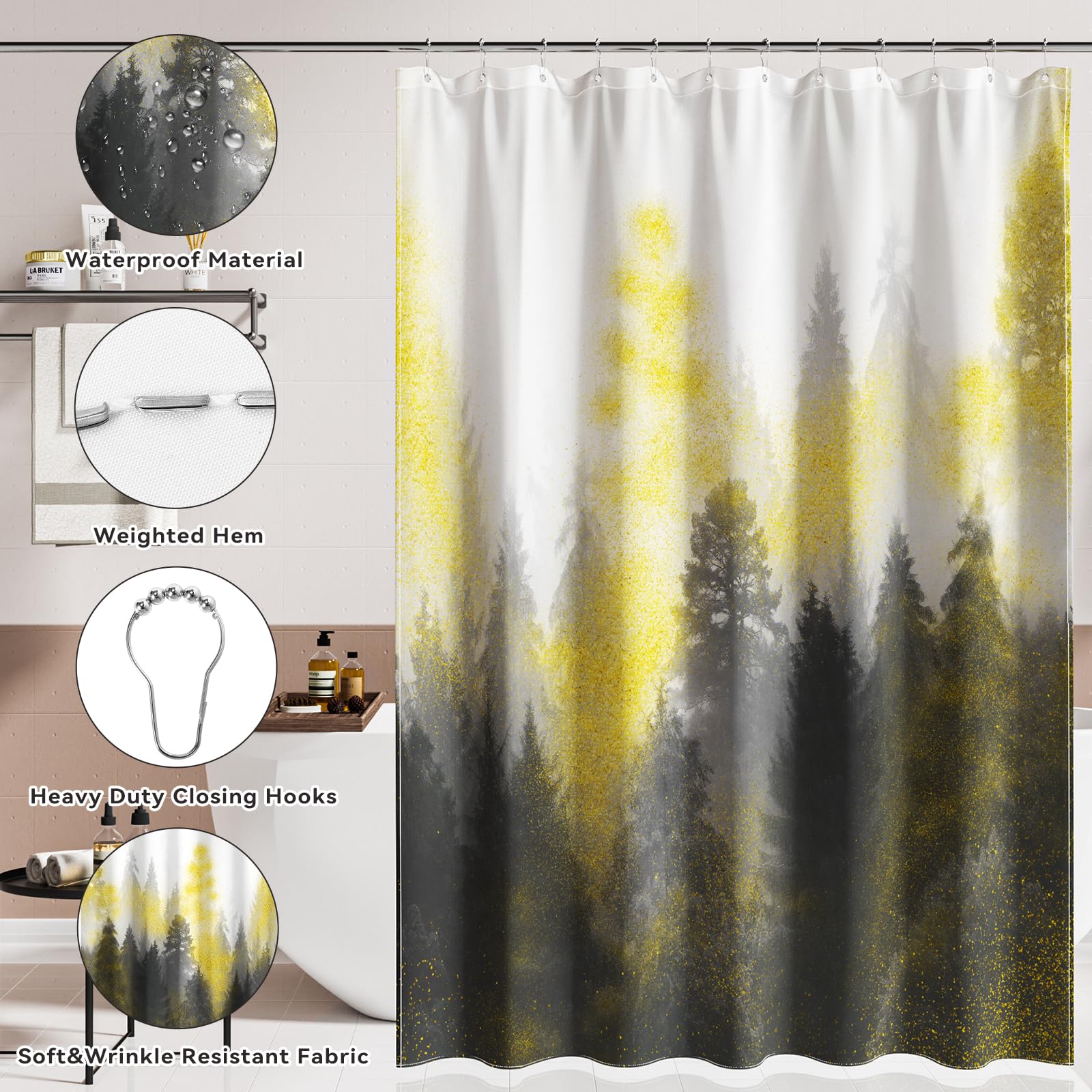 XLHOMO 24 PCS Black Bathroom Accessories Set with Shower Curtain and Rugs, Bathroom Decor Set with Trash Can, Toilet Brush, Soap Dispenser, Toothbrush Holder, Tumbler, Soap Dish and Jars