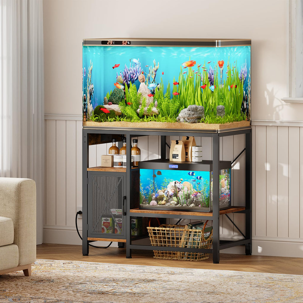 MAHANCRIS 20-37 Gallon Fish Tank Stand, Aquarium Stand with Power Outlet and Storage Cabinet, Heavy Duty Tank Stand Suitable for Turtle Tank, Reptile Terrarium, for Home Office, Black FTHB40E01