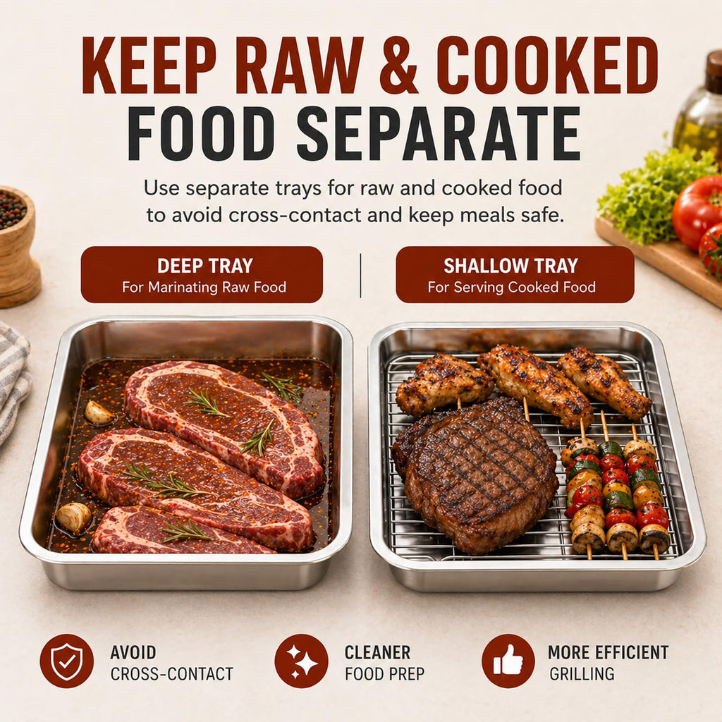 Grill Prep & Serve Tray Set with Lids, 5-Piece Food Prep System for Marinating, Carrying & Serving, Stainless Steel BBQ Trays for Raw & Cooked Food Separation (Rack Included)
