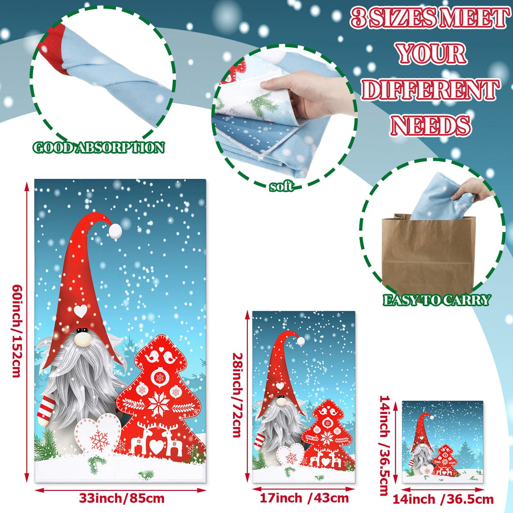 Preboun 3 Pack Christmas Gnome Bathroom Towels Set - Christmas Tree Hand Towels, Winter Snowflake Bath Towels, Soft Absorbent Dish Towels for Bathroom, Kitchen, Home, Hotel, Beach, Gym, Spa